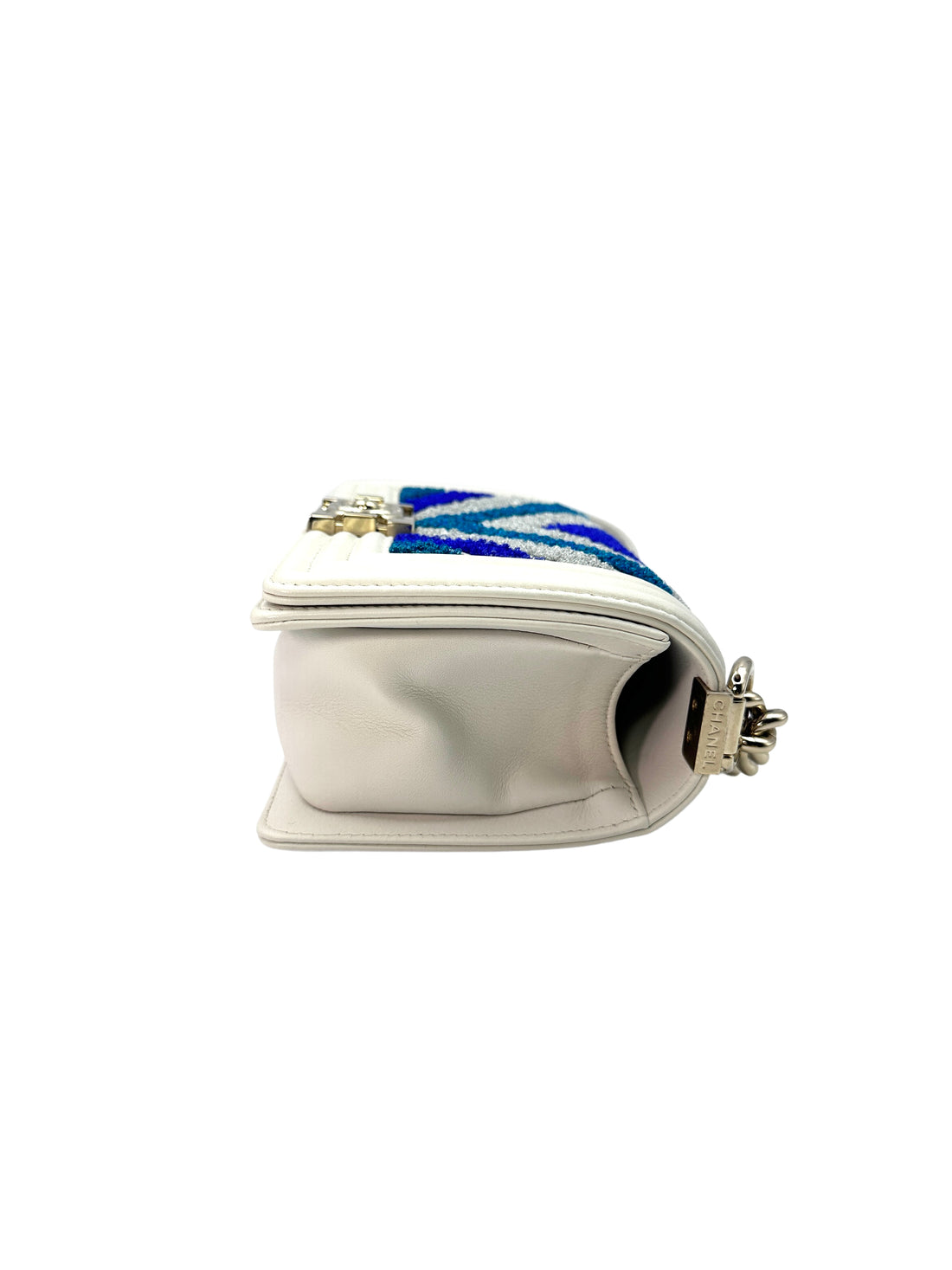 Chanel LeBoy Blue/Silver Chevron Embroidered White Calfskin Leather Flap Bag(27***76) CC1300