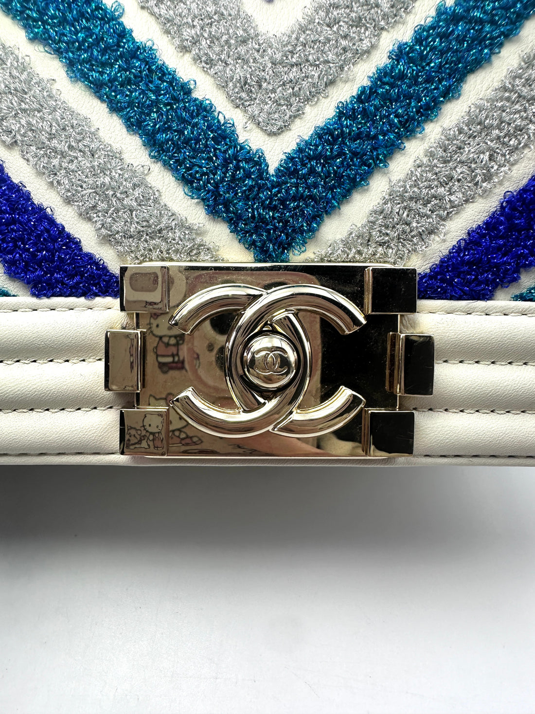 Chanel LeBoy Blue/Silver Chevron Embroidered White Calfskin Leather Flap Bag(27***76) CC1300