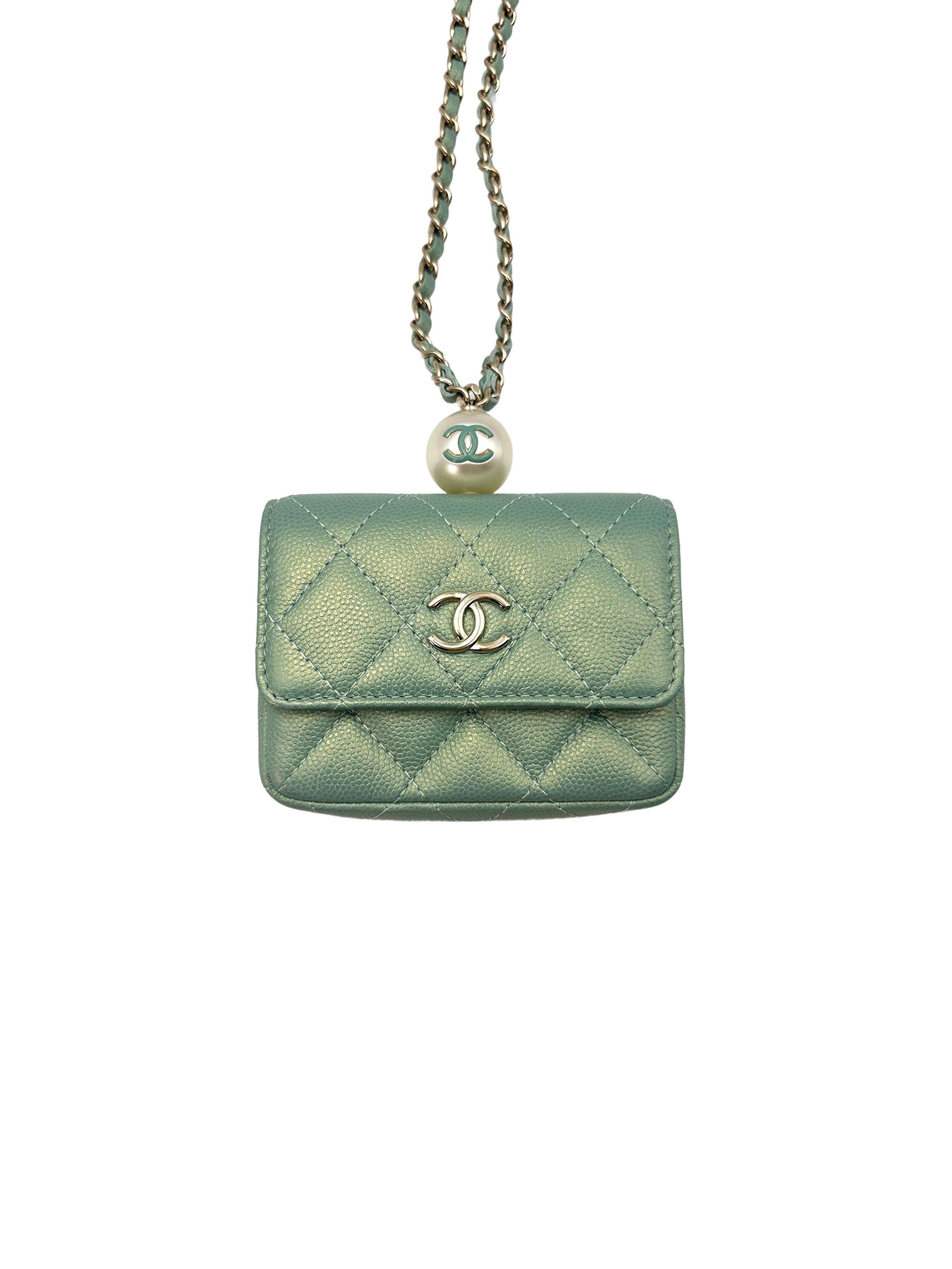 Chanel Iridescent Light Green Caviar Quilted Calfskin Leather Pearl On Chain Flap Bag(31***42) CC1318