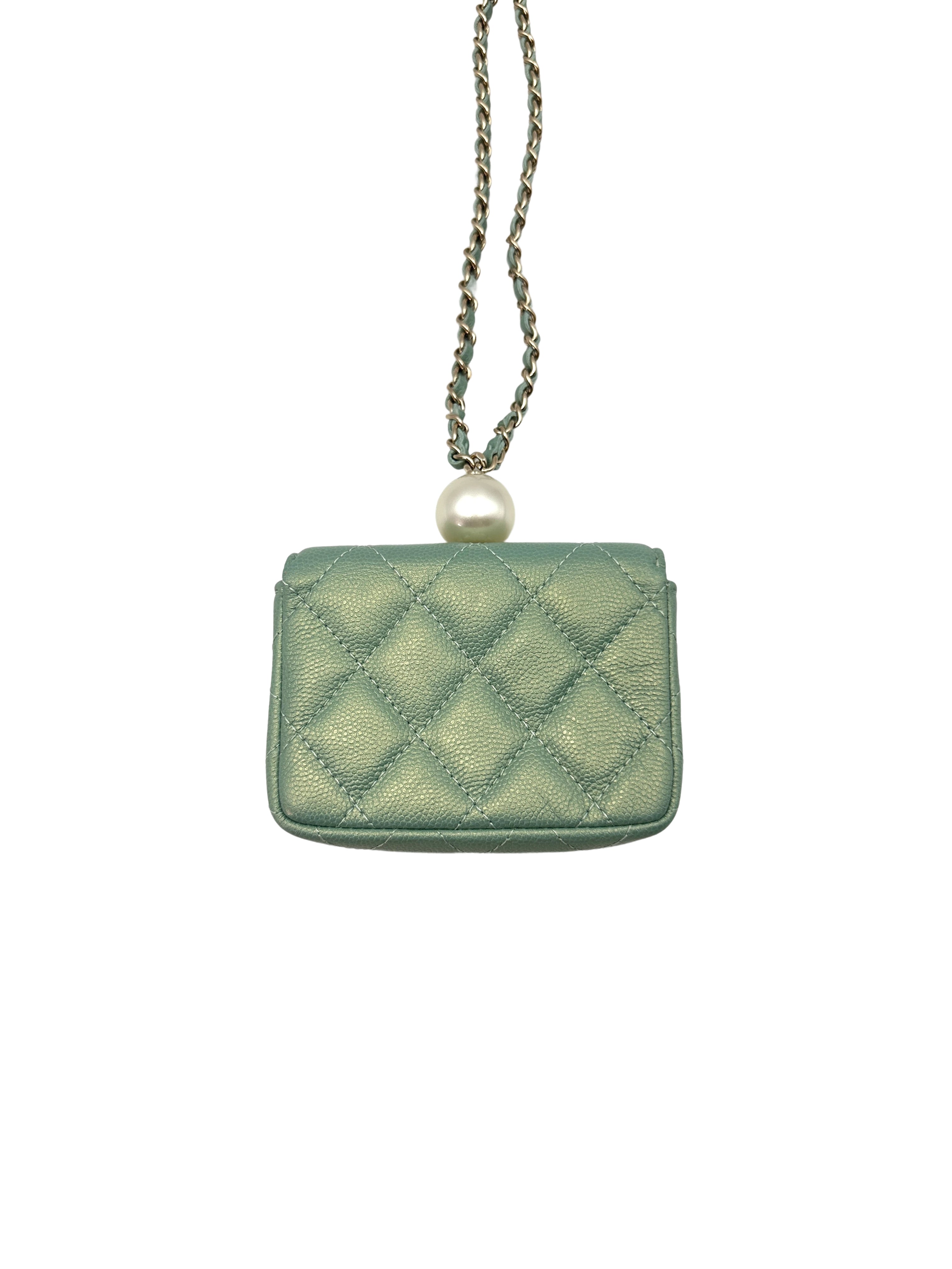 Chanel Iridescent Light Green Caviar Quilted Calfskin Leather Pearl On Chain Flap Bag(31***42) CC1318