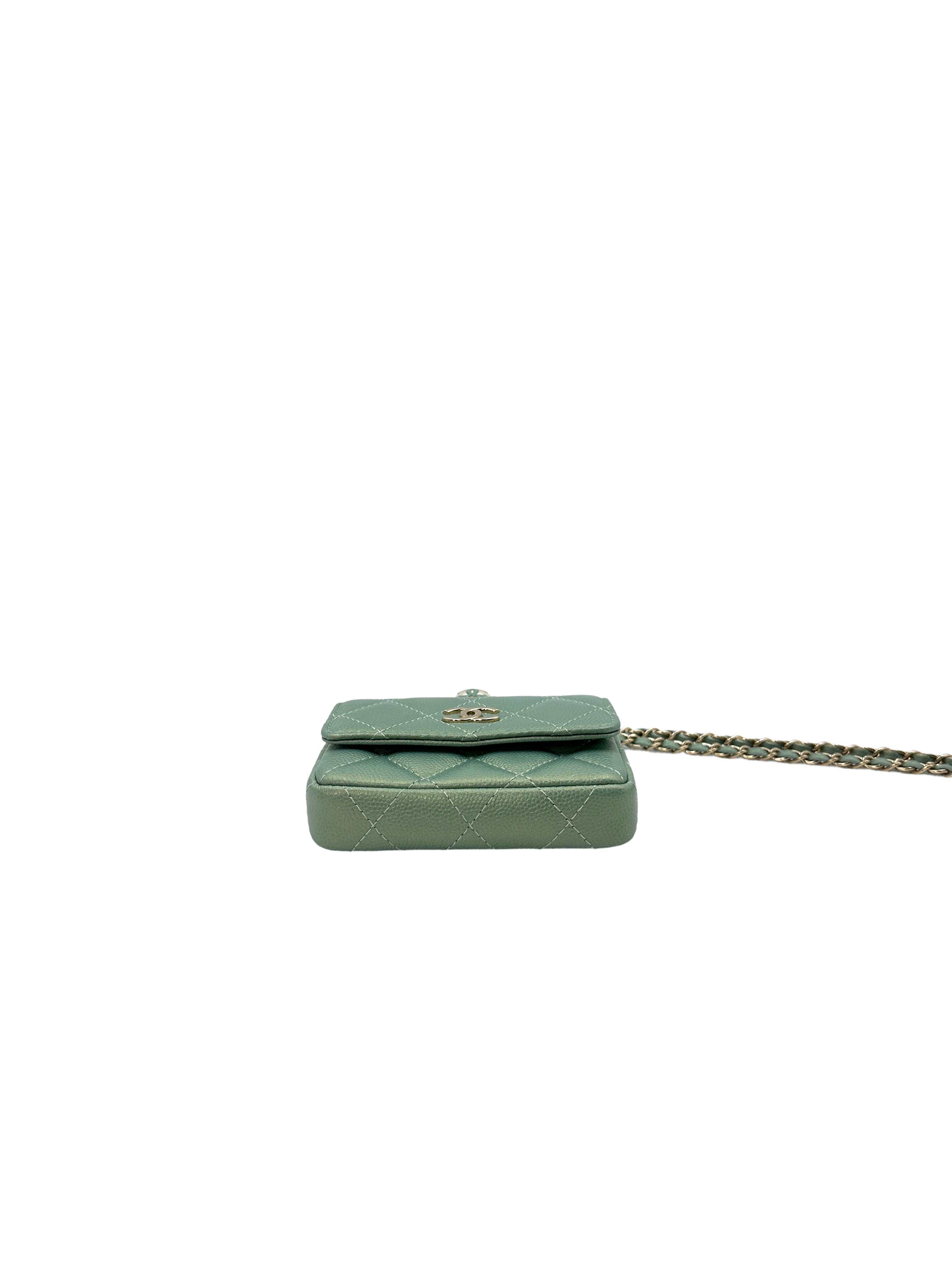 Chanel Iridescent Light Green Caviar Quilted Calfskin Leather Pearl On Chain Flap Bag(31***42) CC1318