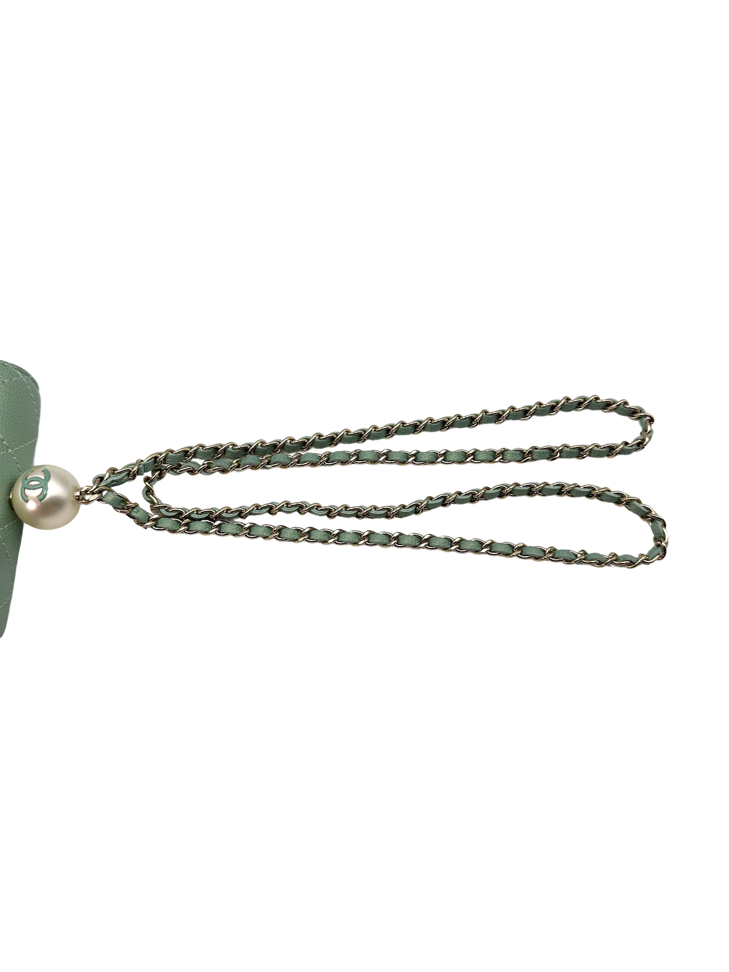 Chanel Iridescent Light Green Caviar Quilted Calfskin Leather Pearl On Chain Flap Bag(31***42) CC1318