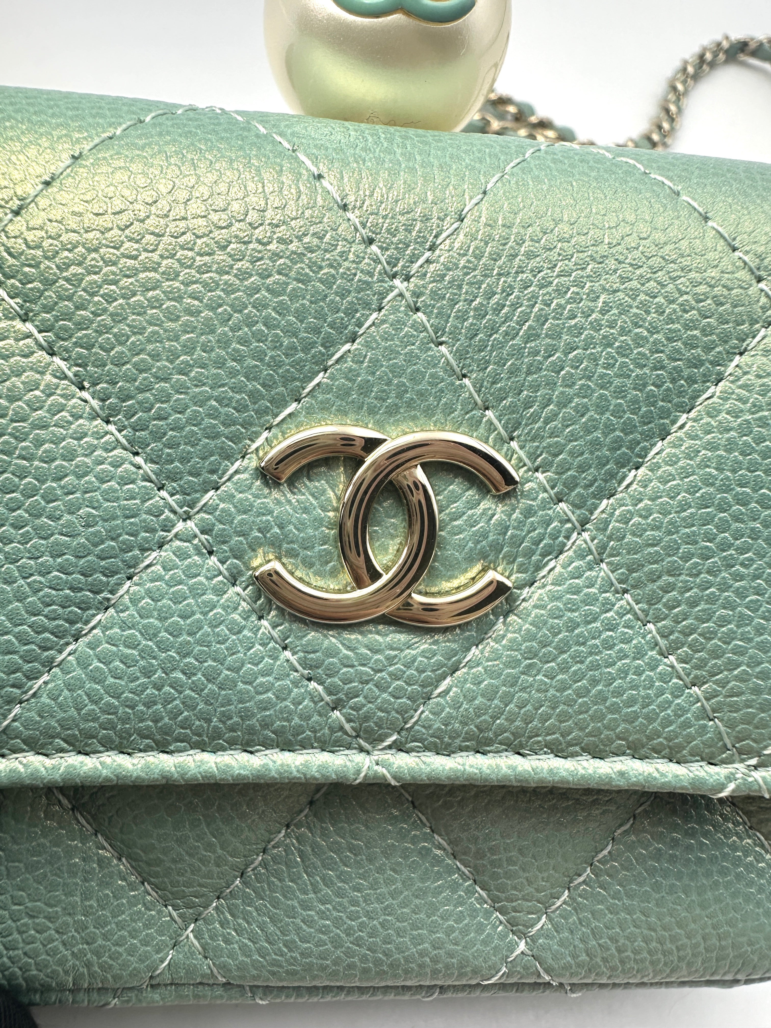 Chanel Iridescent Light Green Caviar Quilted Calfskin Leather Pearl On Chain Flap Bag(31***42) CC1318