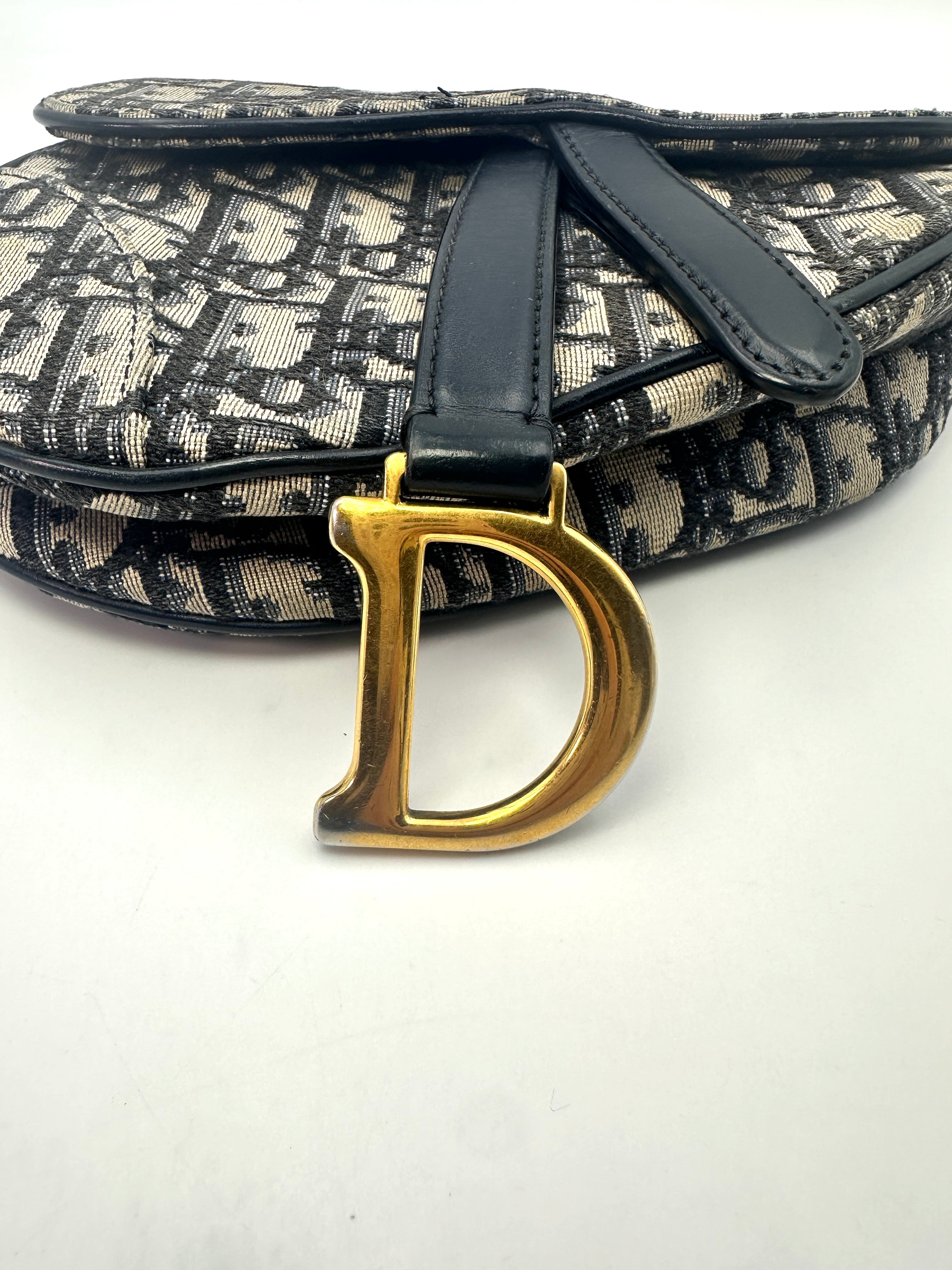 Christian Dior Blue Oblique Print Medium Size Saddle Bag With Gold Hardware DR456