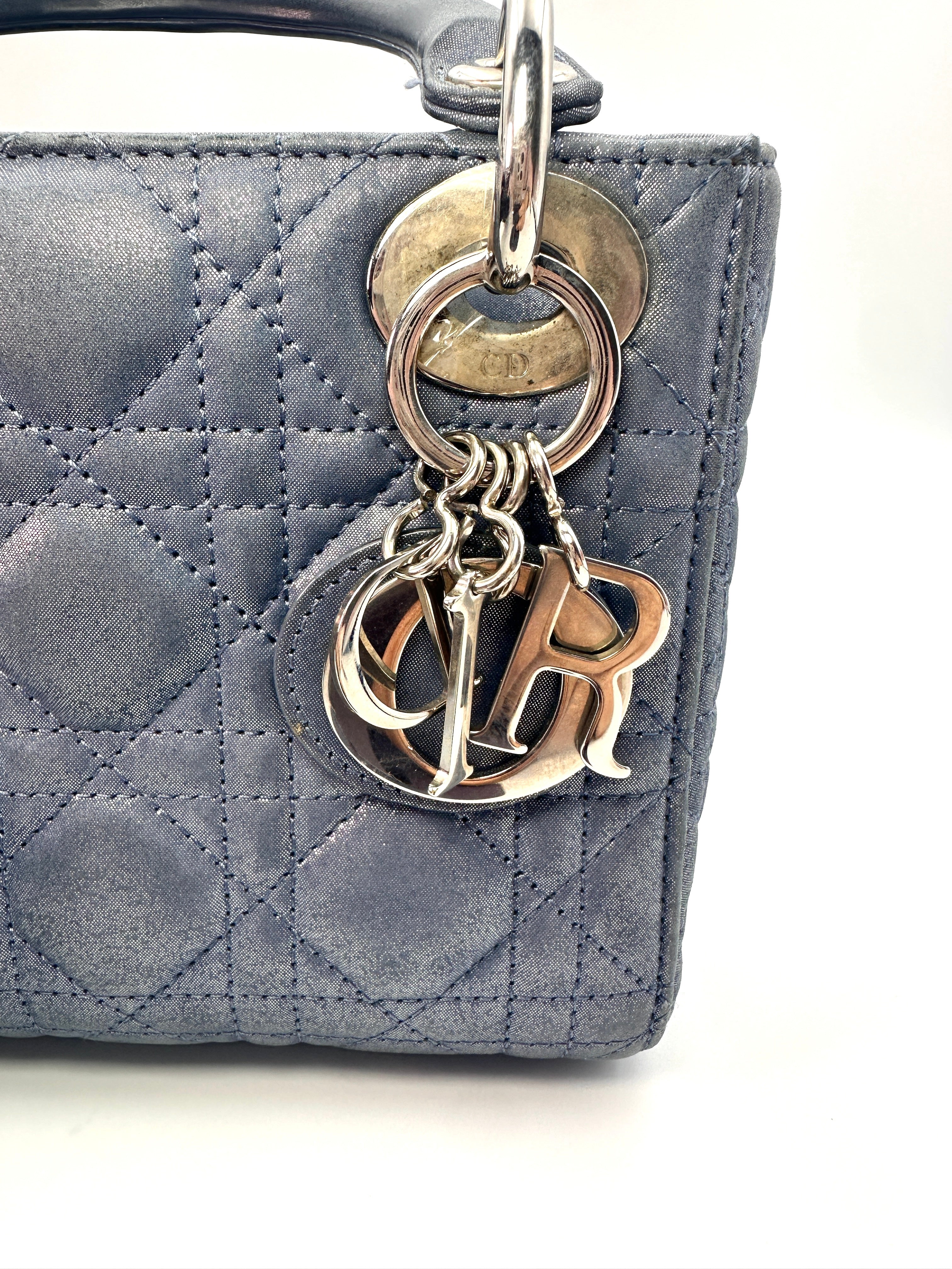 Christian Dior Lady Dior Blue Cannage Suede Leather Handle Bag With Silver Charms DR457