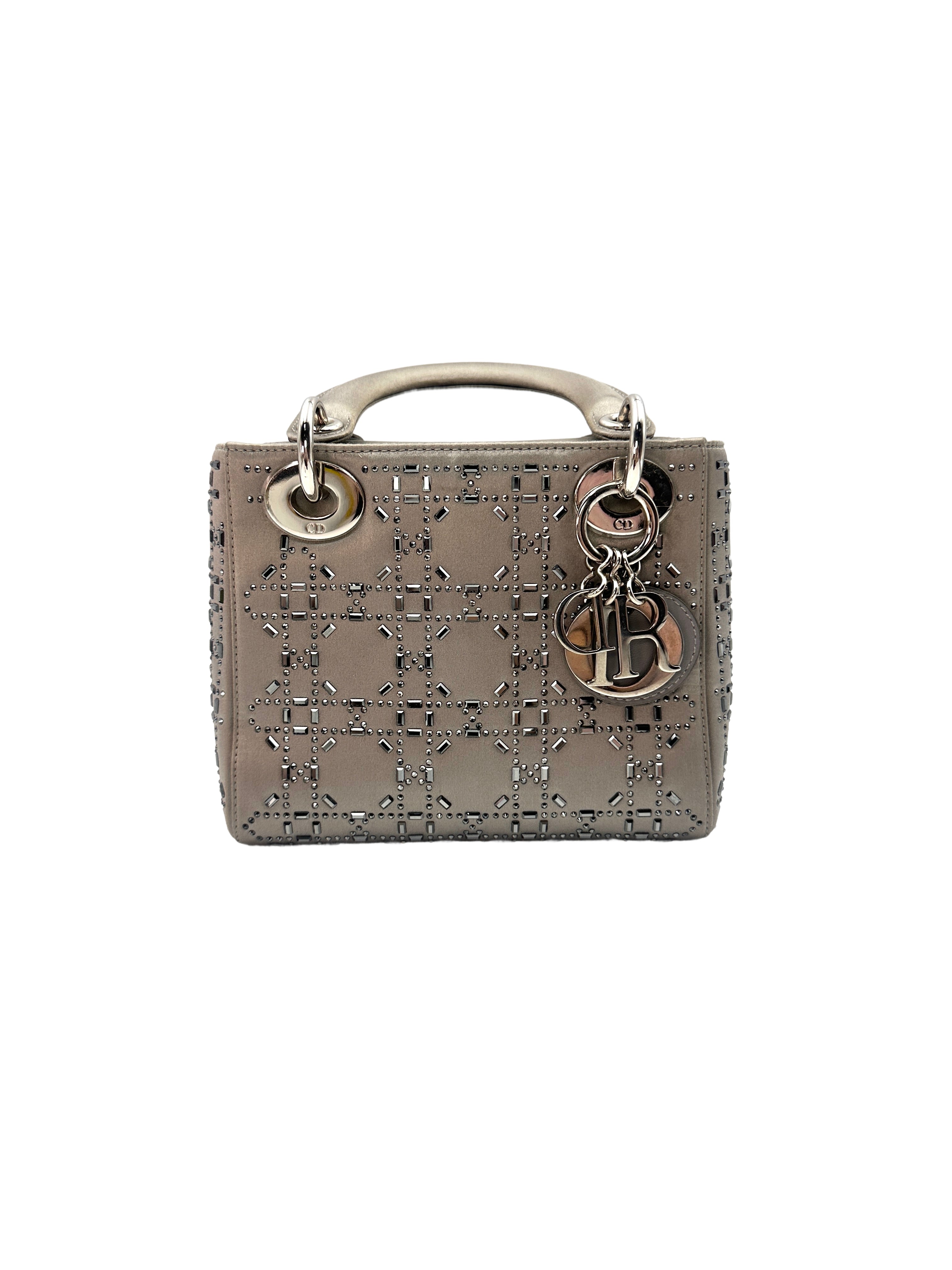 Christian Dior Lady Dior Crystal Embellished Grey Satin Cannage Leather Handle Bag With Silver Charms DR458