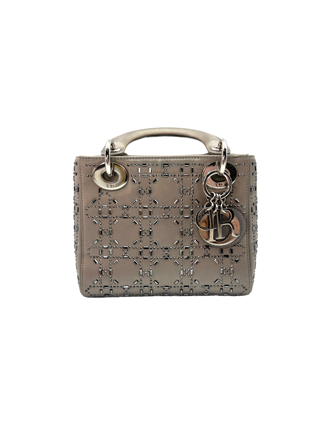 Christian Dior Lady Dior Crystal Embellished Grey Satin Cannage Leather Handle Bag With Silver Charms DR458