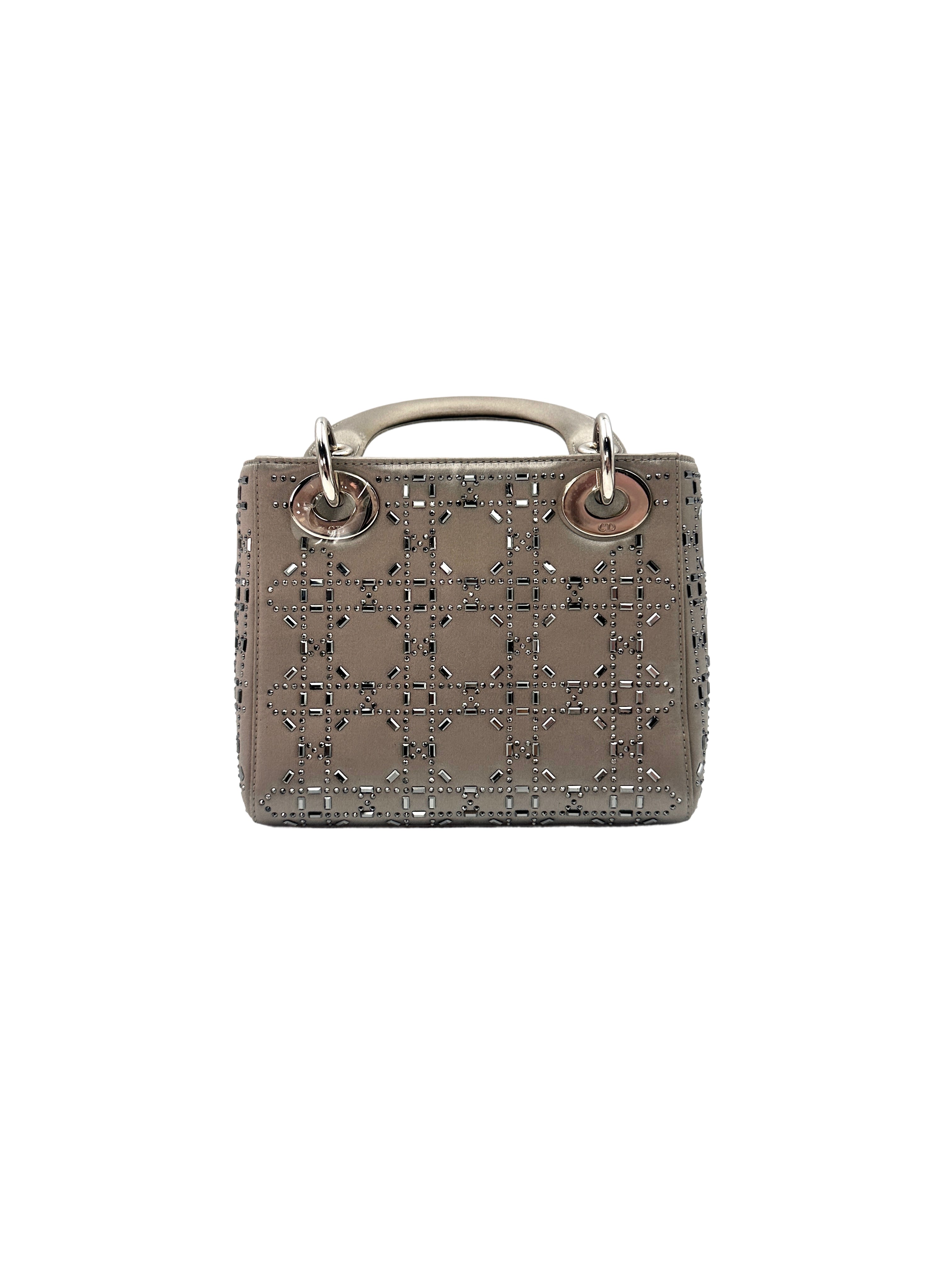 Christian Dior Lady Dior Crystal Embellished Grey Satin Cannage Leather Handle Bag With Silver Charms DR458