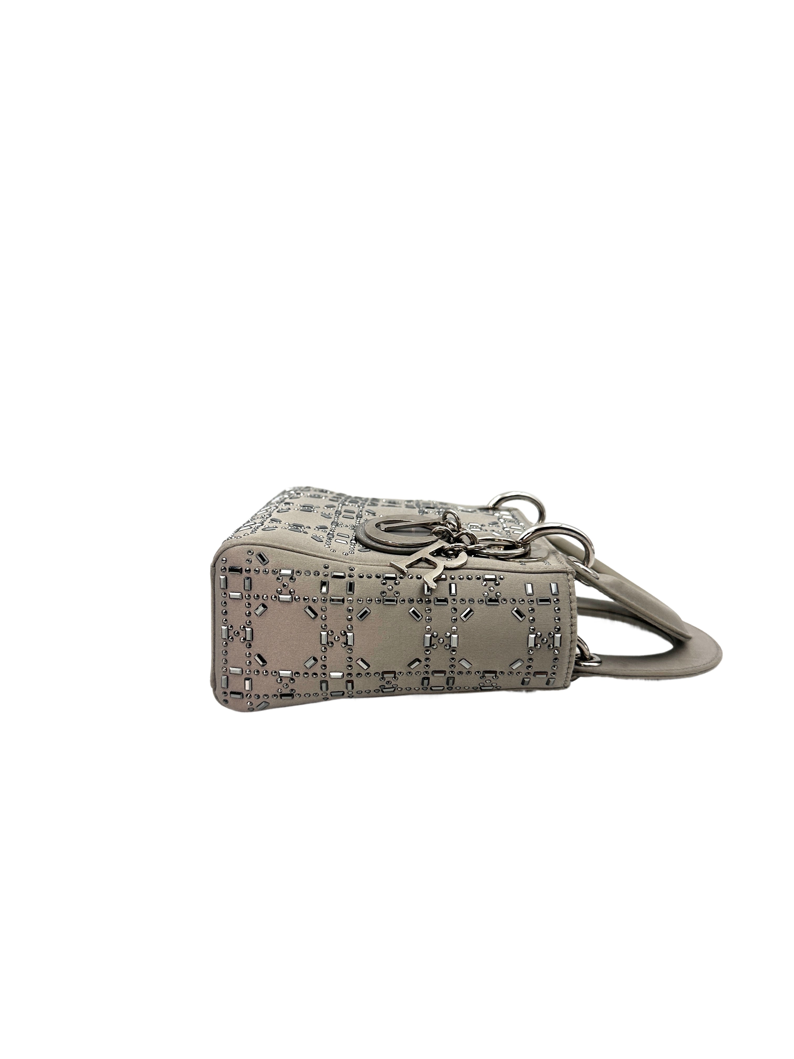Christian Dior Lady Dior Crystal Embellished Grey Satin Cannage Leather Handle Bag With Silver Charms DR458