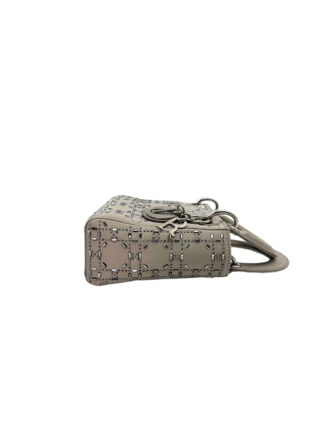 Christian Dior Lady Dior Crystal Embellished Grey Satin Cannage Leather Handle Bag With Silver Charms DR458