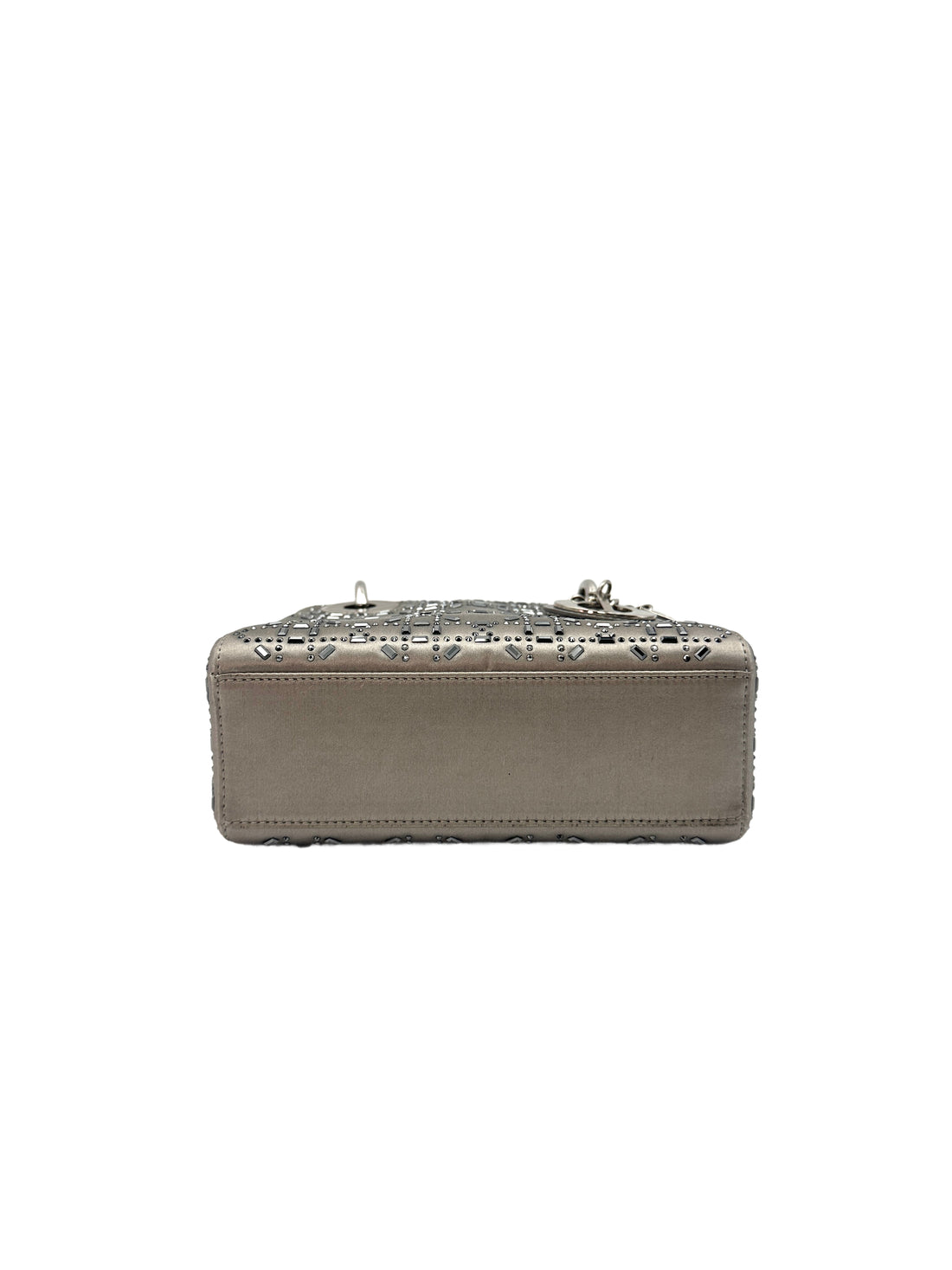 Christian Dior Lady Dior Crystal Embellished Grey Satin Cannage Leather Handle Bag With Silver Charms DR458