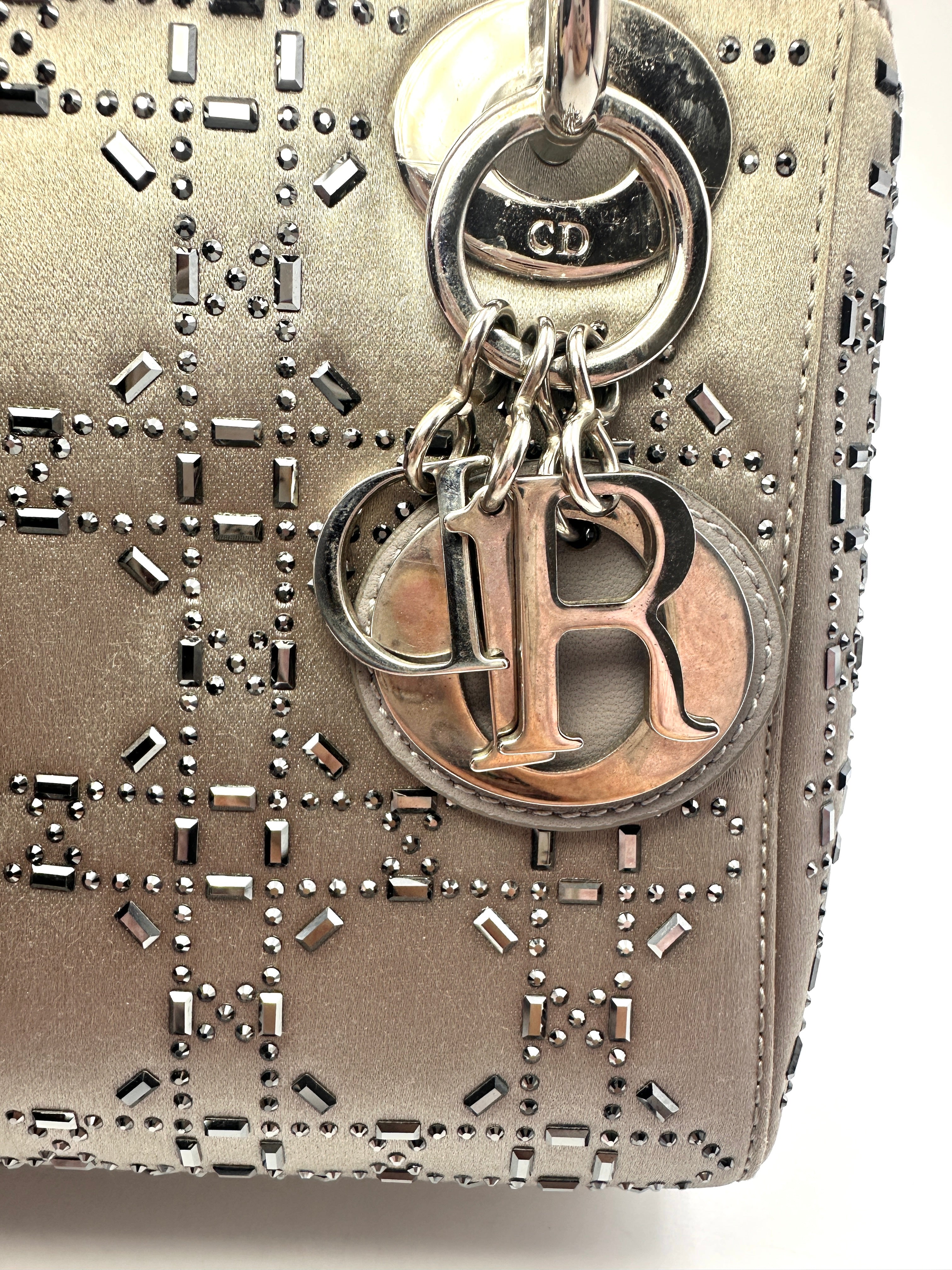 Christian Dior Lady Dior Crystal Embellished Grey Satin Cannage Leather Handle Bag With Silver Charms DR458