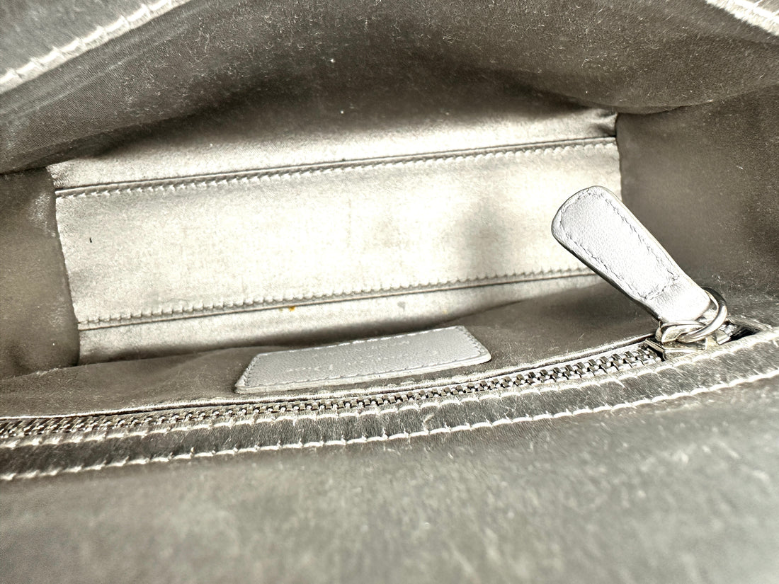 Christian Dior Lady Dior Crystal Embellished Grey Satin Cannage Leather Handle Bag With Silver Charms DR458