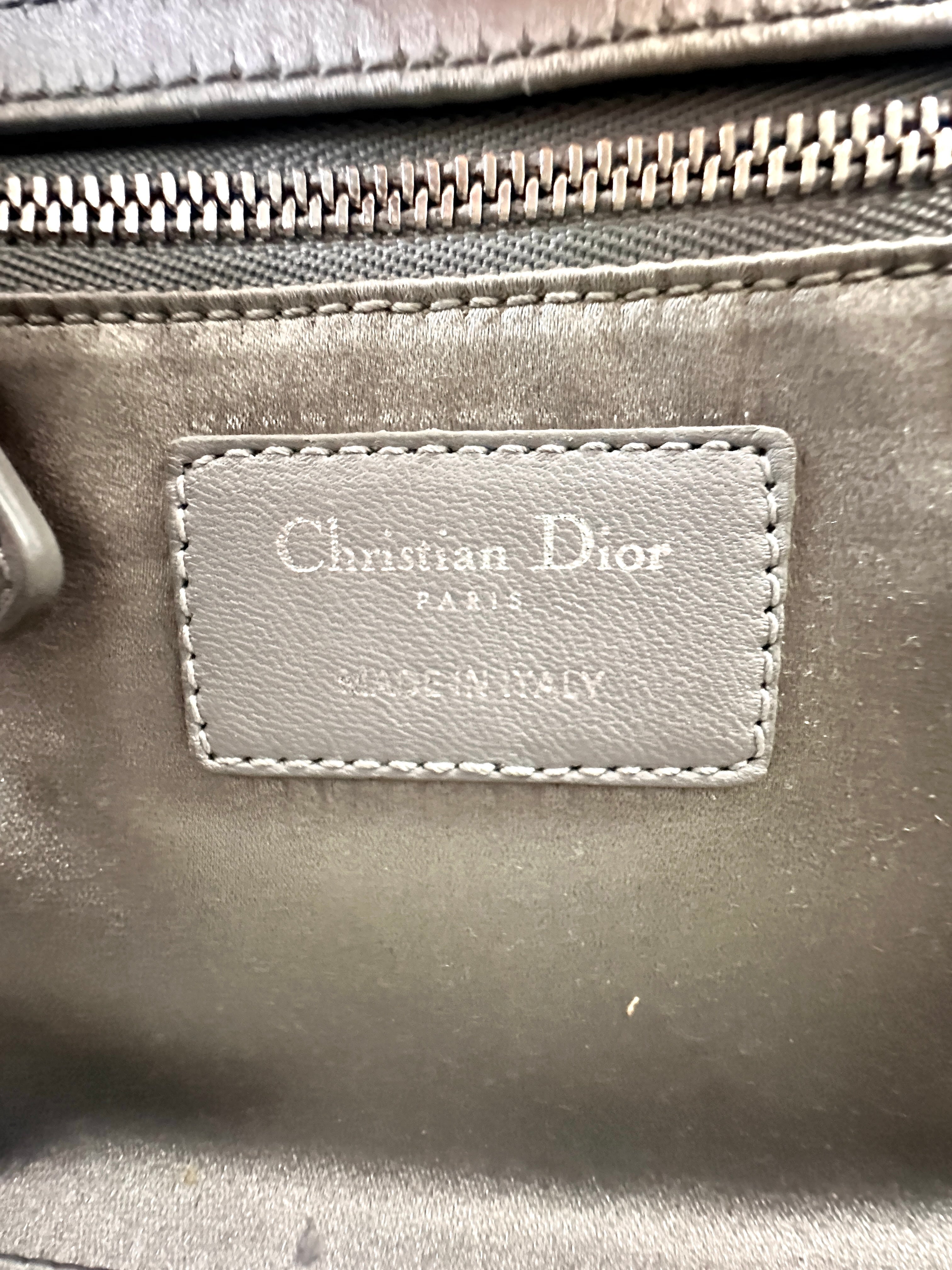 Christian Dior Lady Dior Crystal Embellished Grey Satin Cannage Leather Handle Bag With Silver Charms DR458