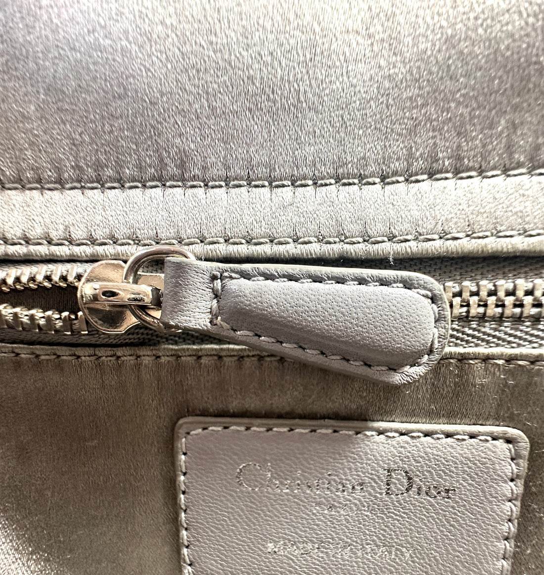 Christian Dior Lady Dior Crystal Embellished Grey Satin Cannage Leather Handle Bag With Silver Charms DR458