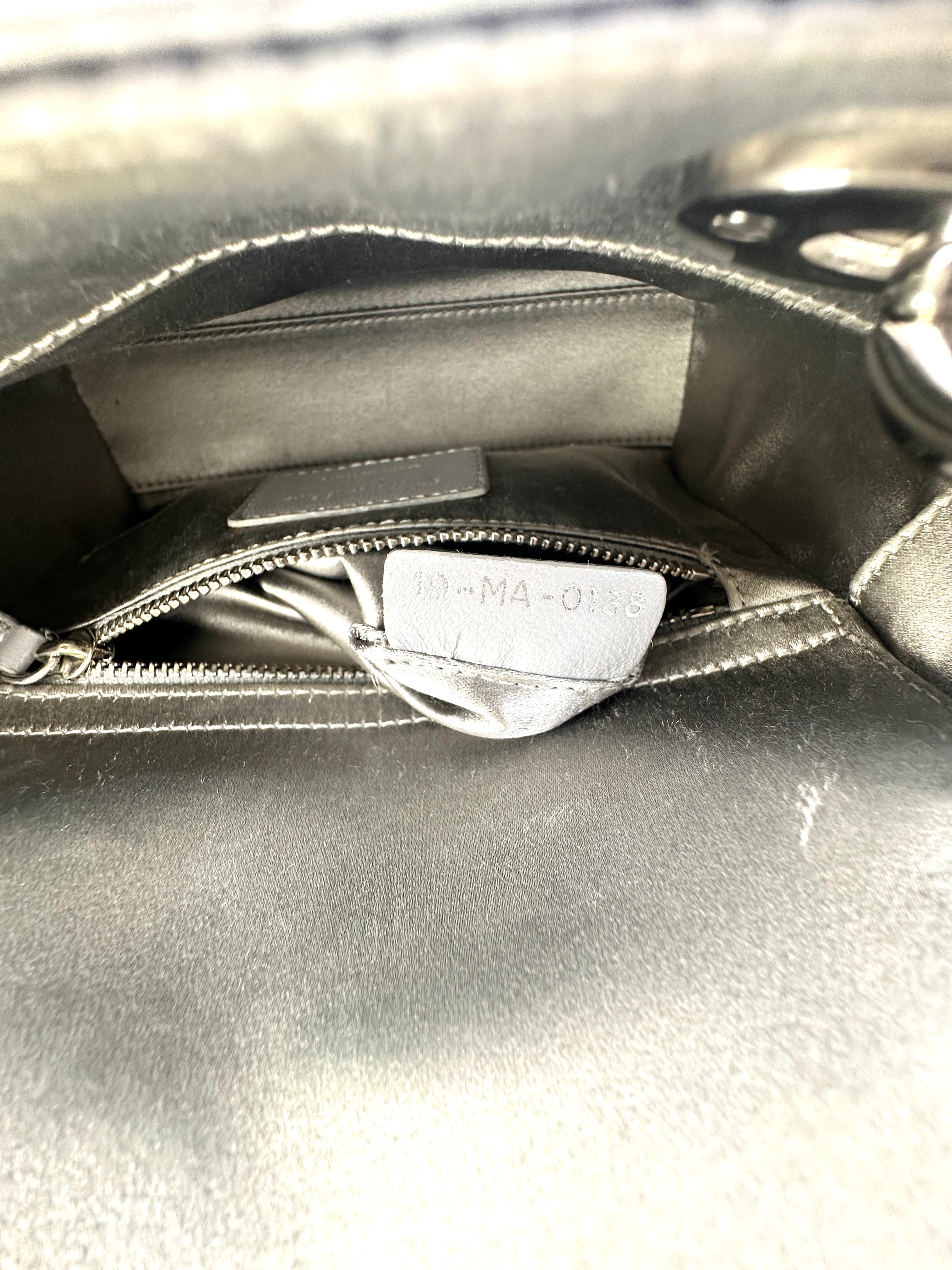 Christian Dior Lady Dior Crystal Embellished Grey Satin Cannage Leather Handle Bag With Silver Charms DR458