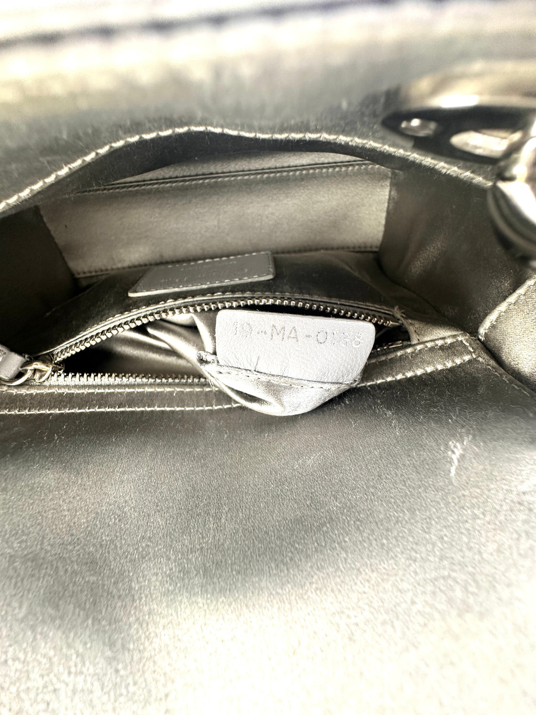 Christian Dior Lady Dior Crystal Embellished Grey Satin Cannage Leather Handle Bag With Silver Charms DR458