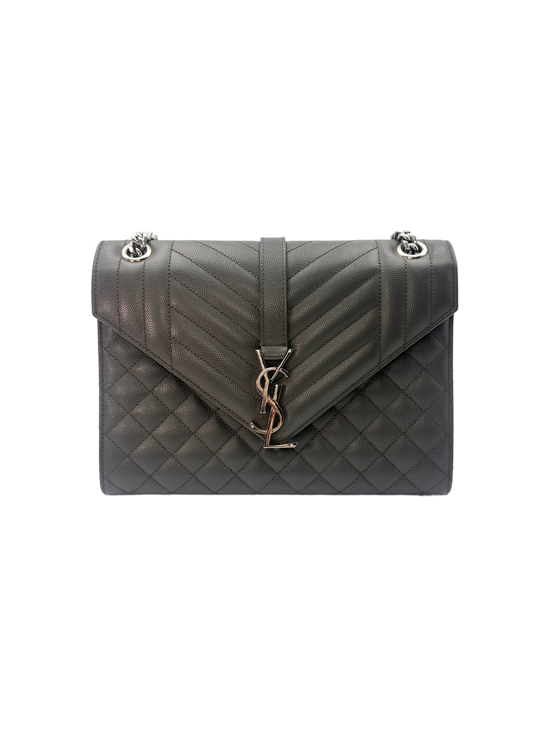 Saint Laurent Envelope Black Chevron Quilted Calfskin Medium Size Chain Shoulder Bag With Silver Logo SL156