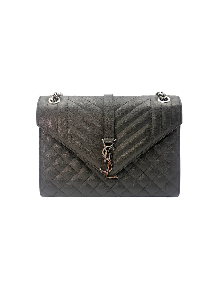 Saint Laurent Envelope Black Chevron Quilted Calfskin Medium Size Chain Shoulder Bag With Silver Logo SL156