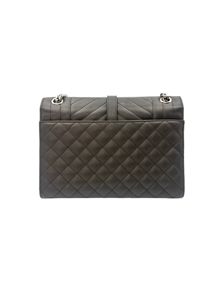 Saint Laurent Envelope Black Chevron Quilted Calfskin Medium Size Chain Shoulder Bag With Silver Logo SL156