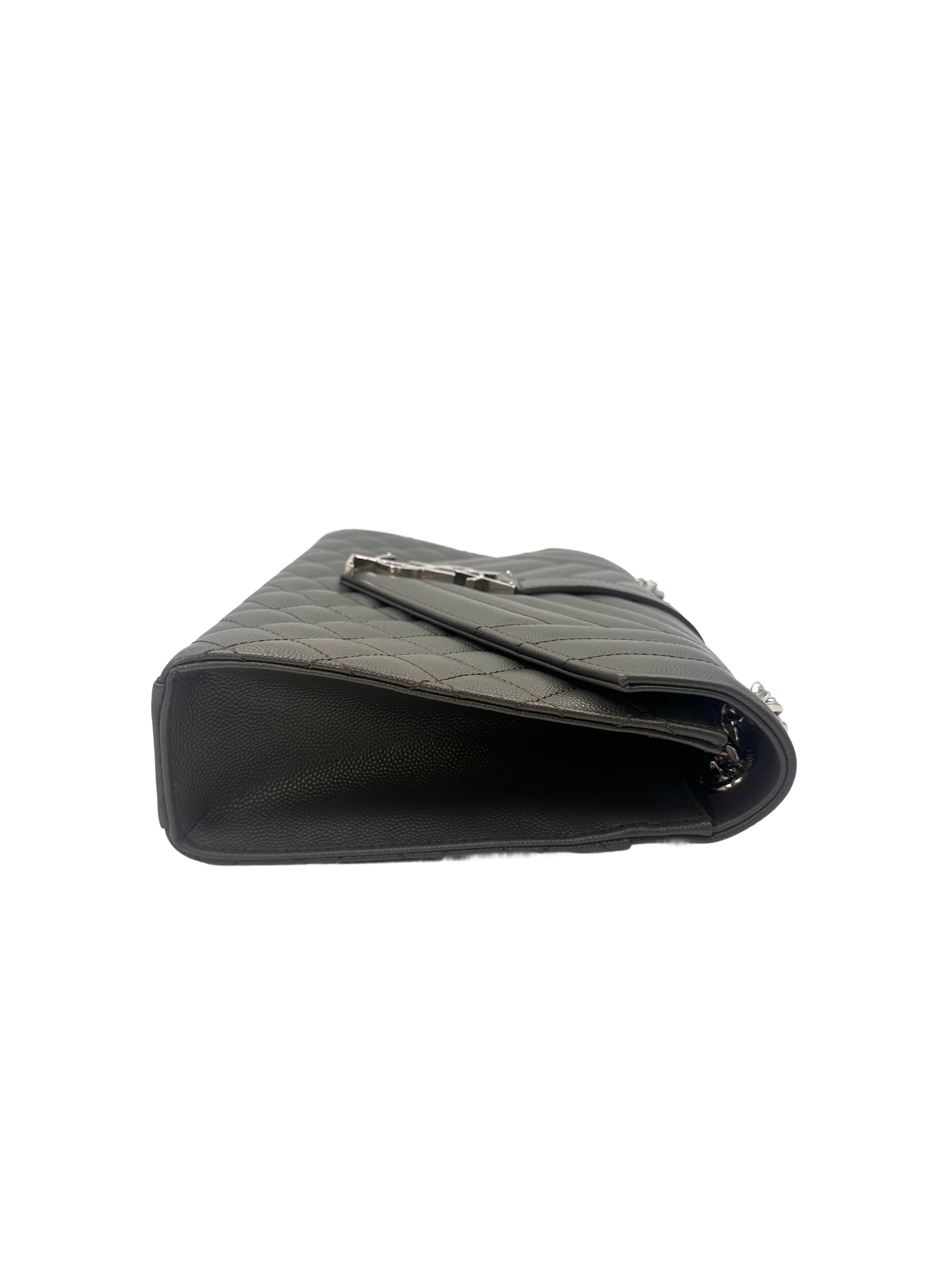 Saint Laurent Envelope Black Chevron Quilted Calfskin Medium Size Chain Shoulder Bag With Silver Logo SL156