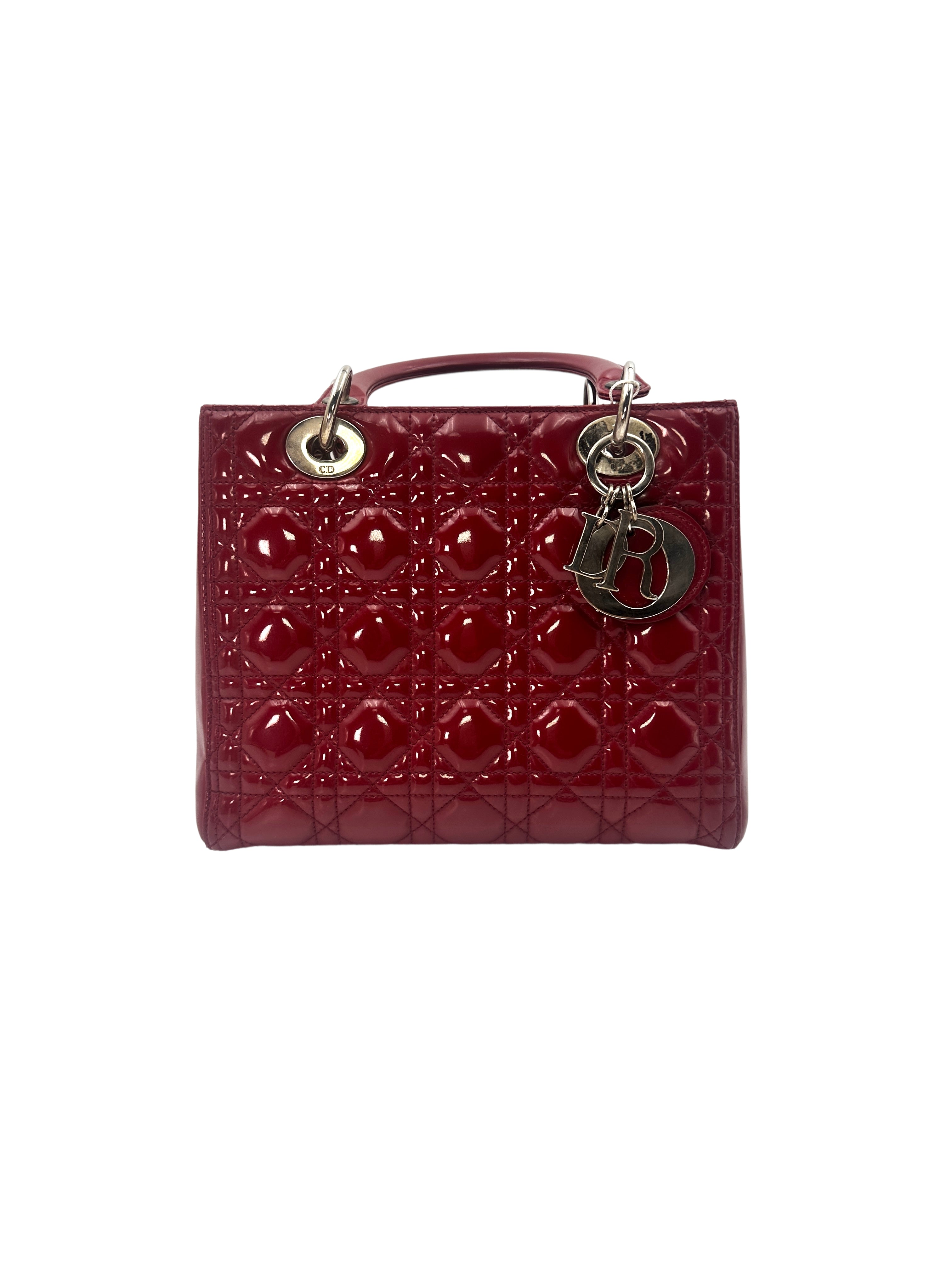 Christian Dior Lady Dior Red Patent Cannage Leather Handle Bag With Silver Charms DR460