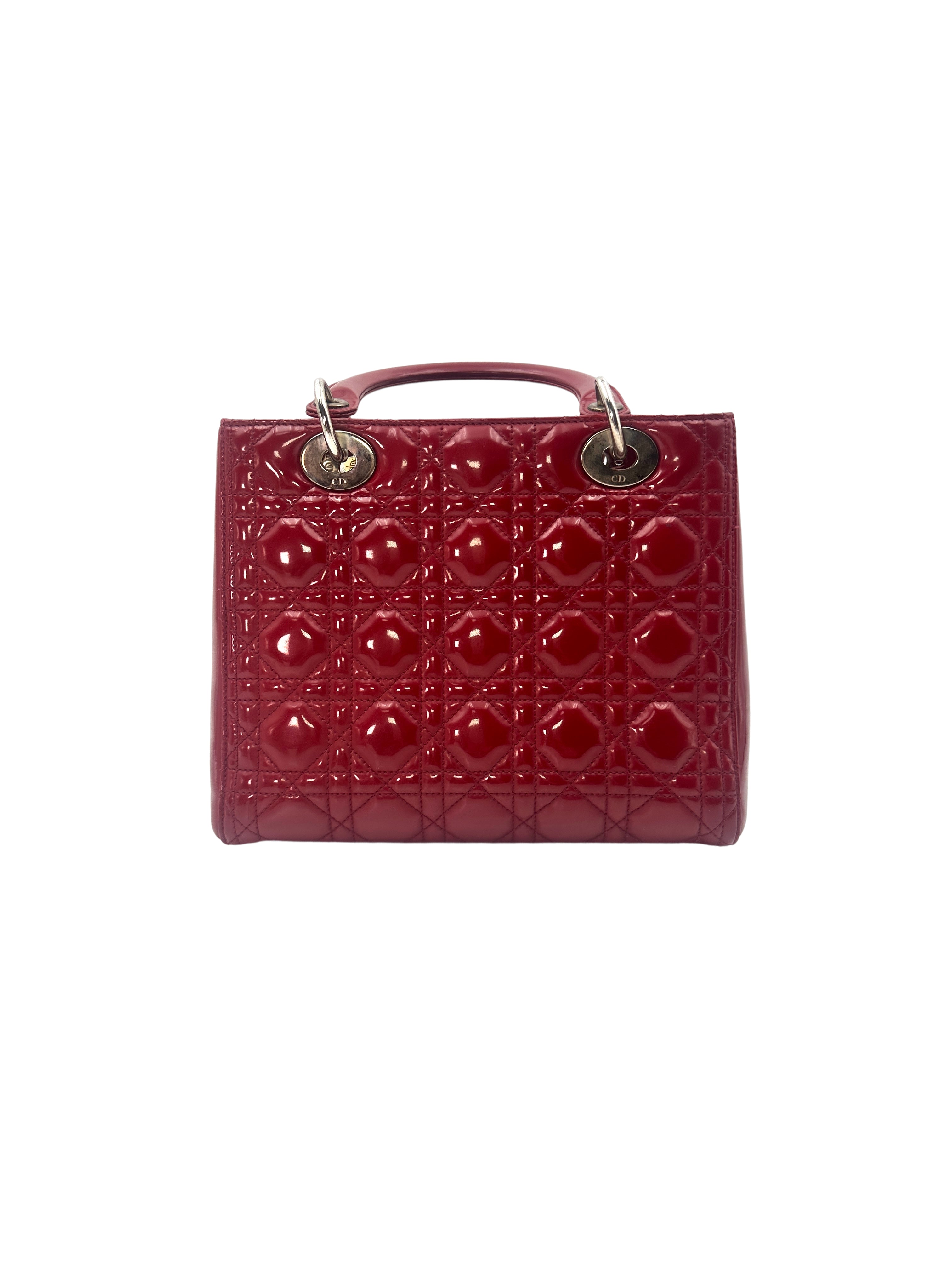 Christian Dior Lady Dior Red Patent Cannage Leather Handle Bag With Silver Charms DR460