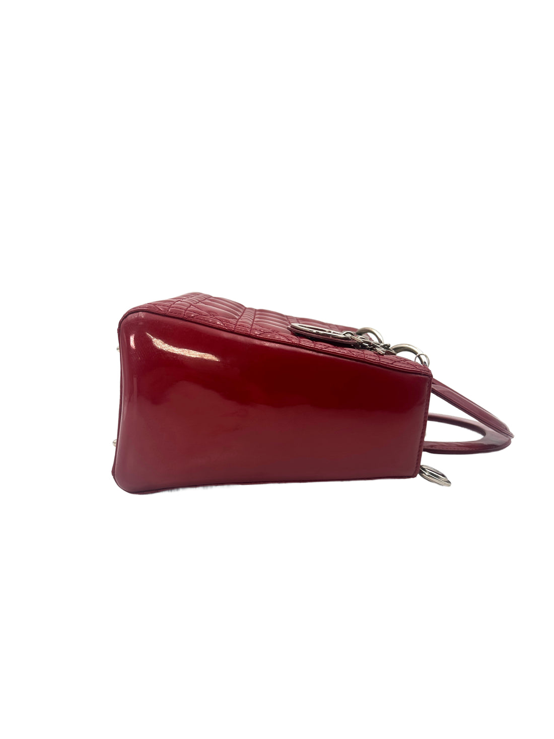 Christian Dior Lady Dior Red Patent Cannage Leather Handle Bag With Silver Charms DR460