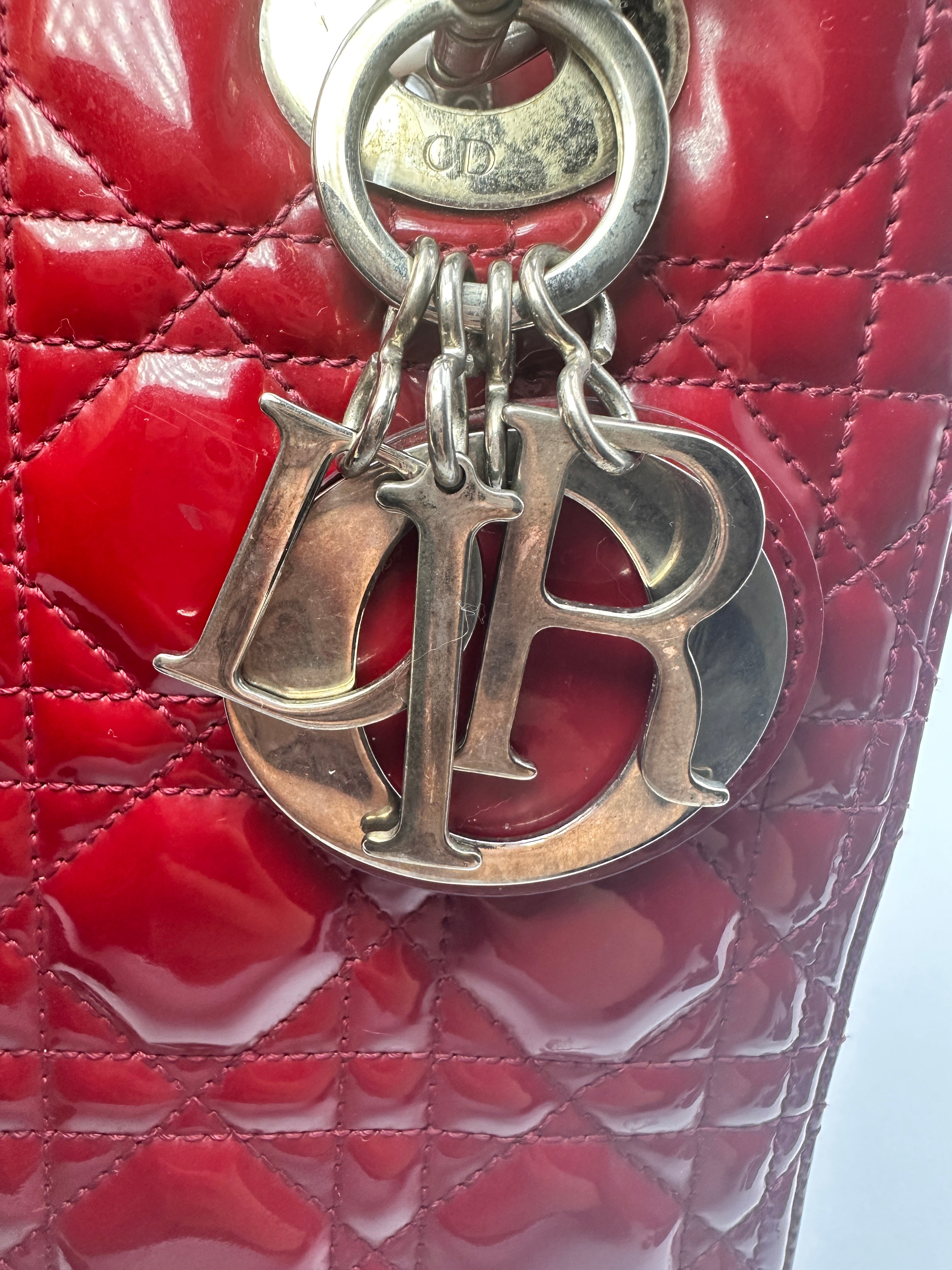 Christian Dior Lady Dior Red Patent Cannage Leather Handle Bag With Silver Charms DR460