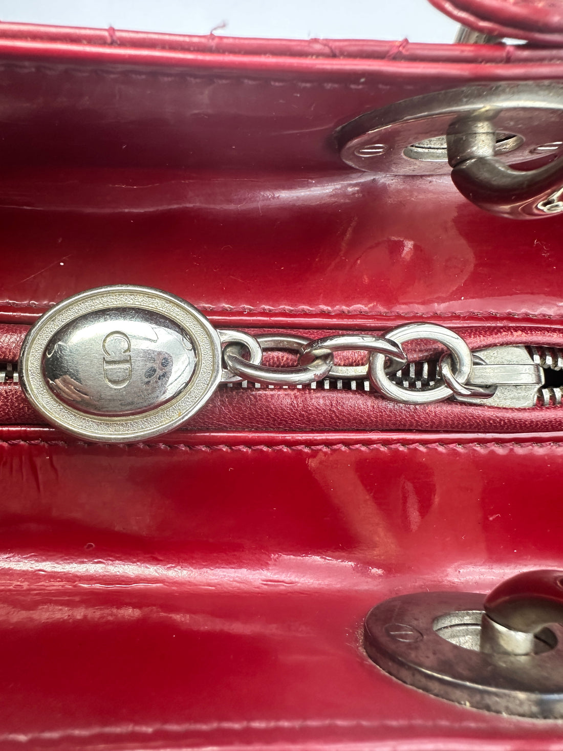 Christian Dior Lady Dior Red Patent Cannage Leather Handle Bag With Silver Charms DR460
