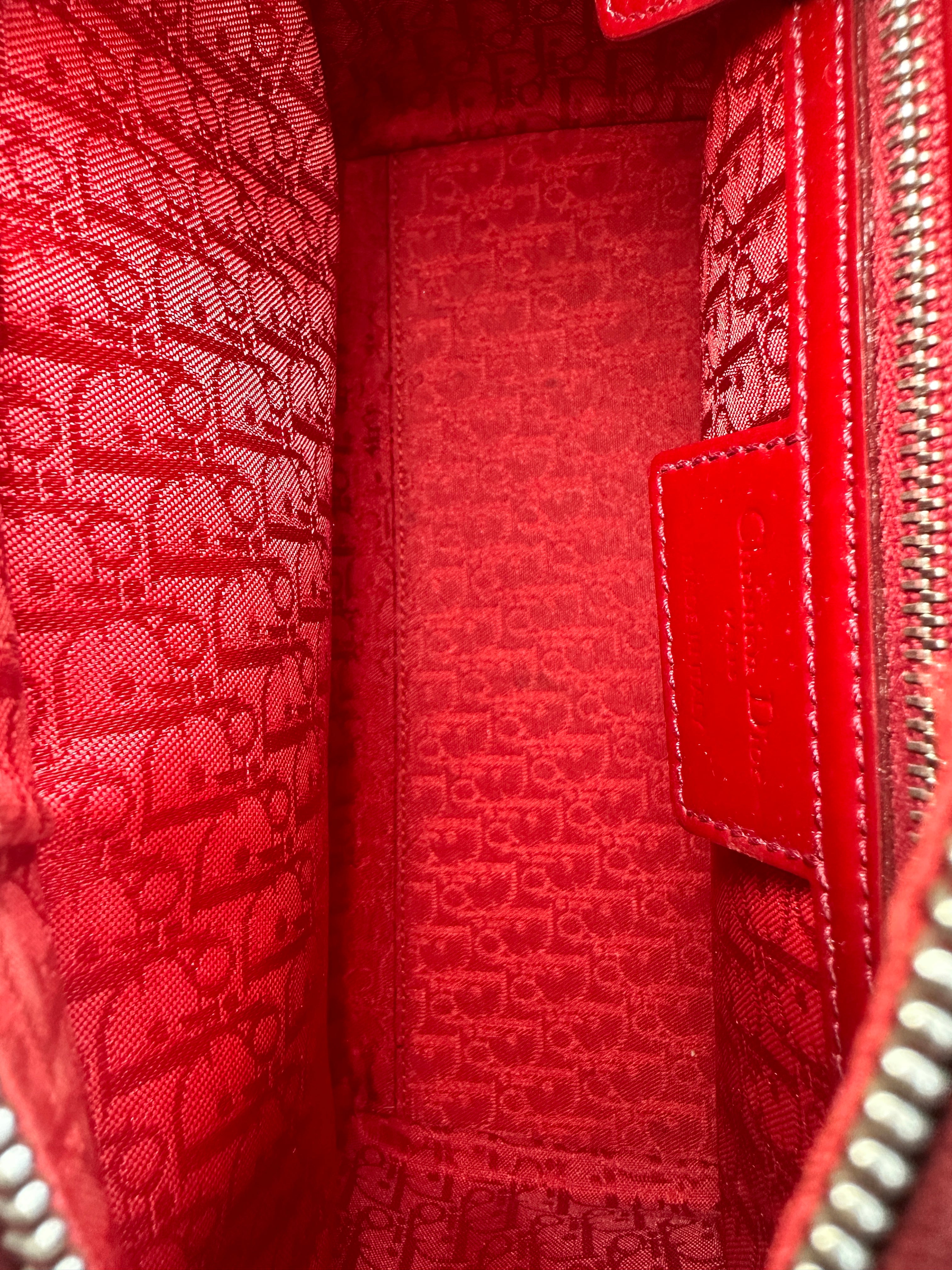Christian Dior Lady Dior Red Patent Cannage Leather Handle Bag With Silver Charms DR460