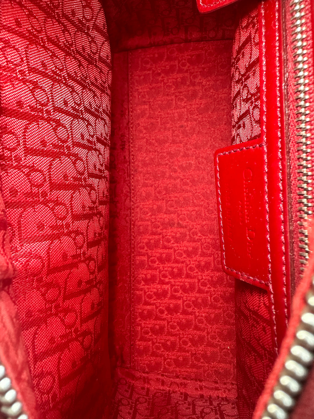 Christian Dior Lady Dior Red Patent Cannage Leather Handle Bag With Silver Charms DR460