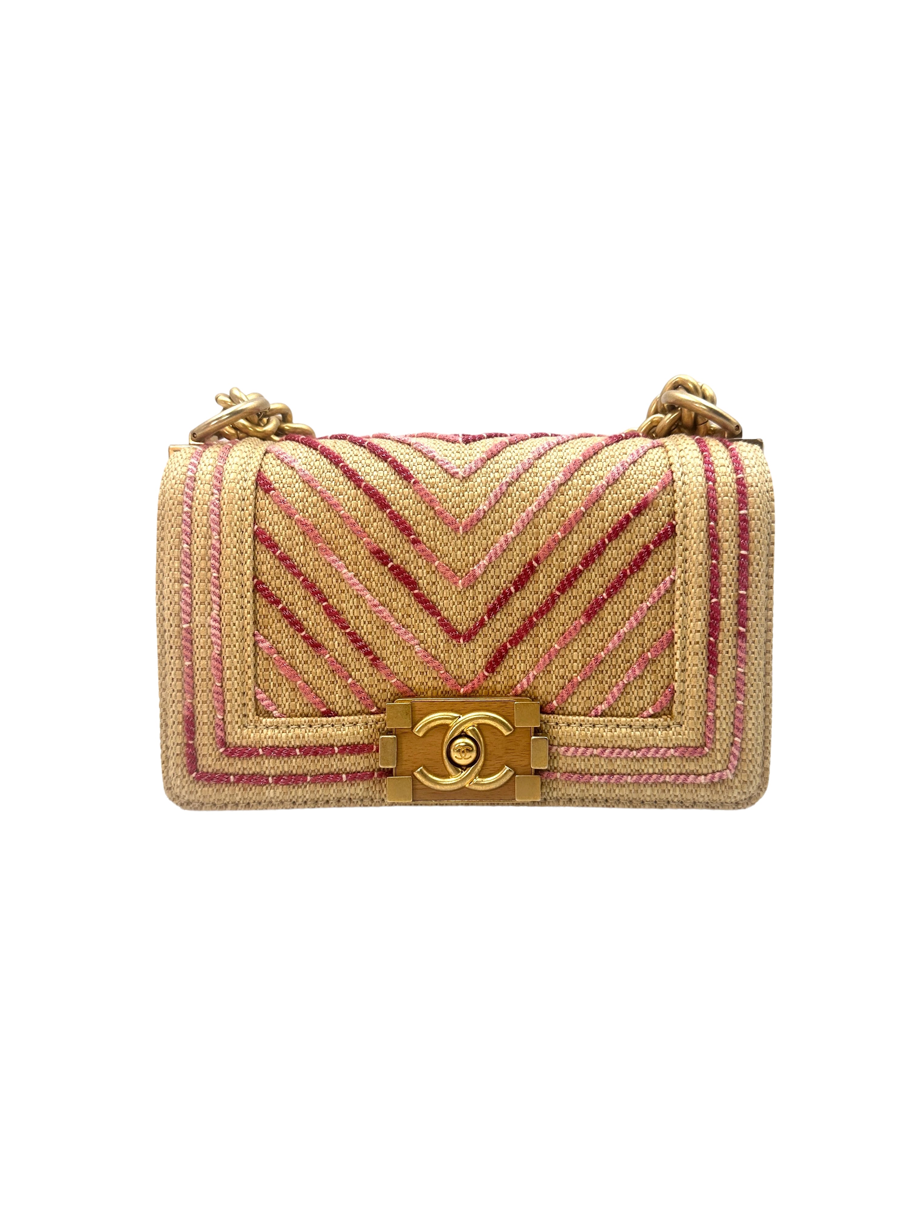 Chanel LeBoy Beige Raffia/Pink Chevron Small Size Flap Bag With Gold Buckle(27***89) C1331