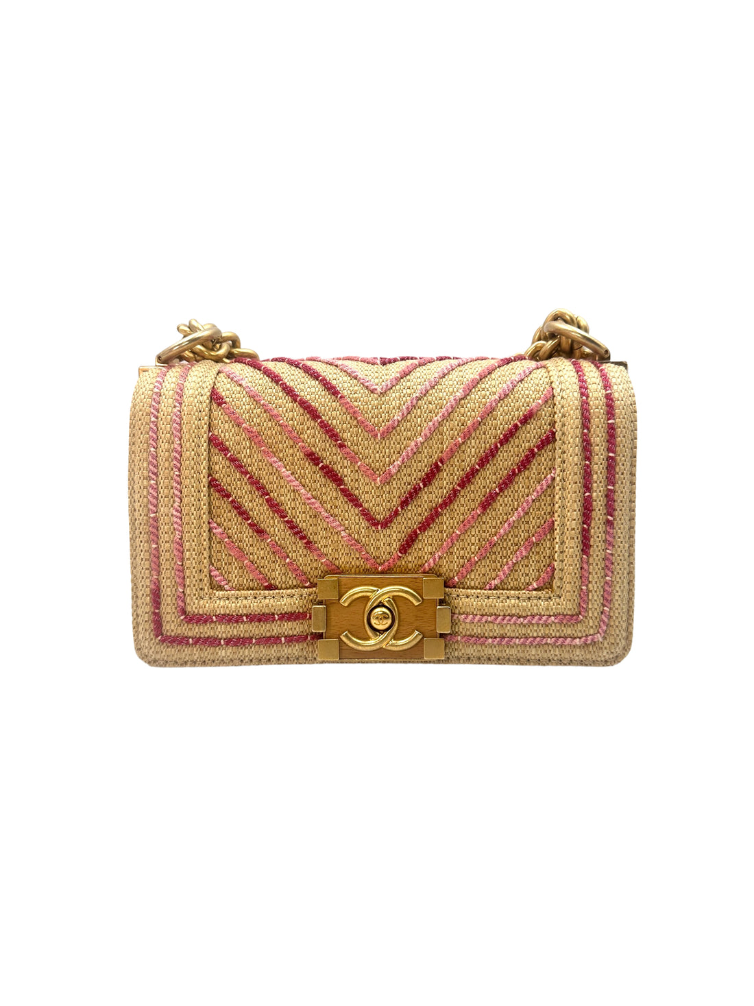 Chanel LeBoy Beige Raffia/Pink Chevron Small Size Flap Bag With Gold Buckle(27***89) C1331