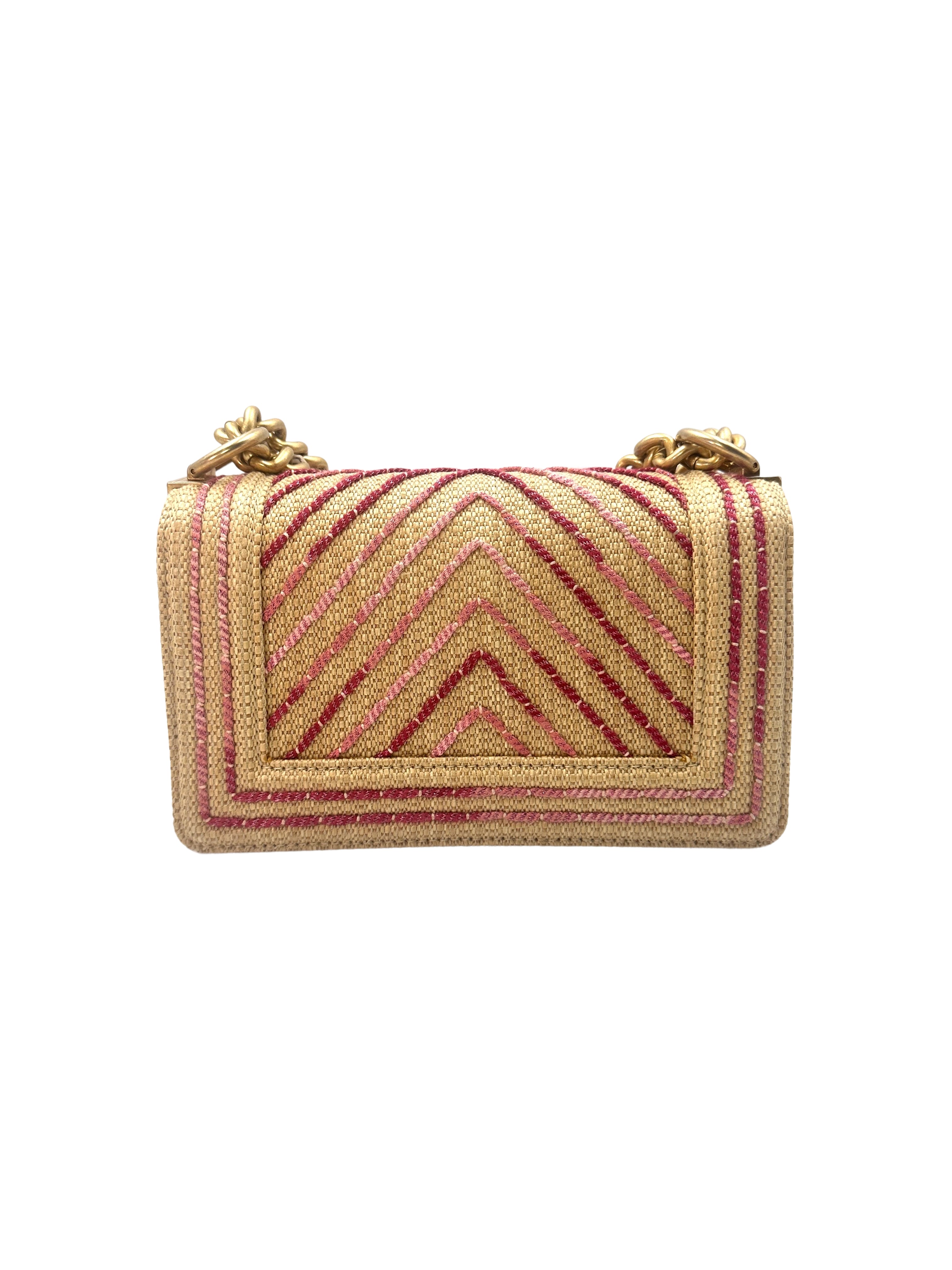 Chanel LeBoy Beige Raffia/Pink Chevron Small Size Flap Bag With Gold Buckle(27***89) C1331