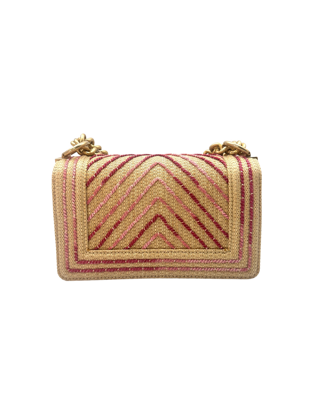 Chanel LeBoy Beige Raffia/Pink Chevron Small Size Flap Bag With Gold Buckle(27***89) C1331