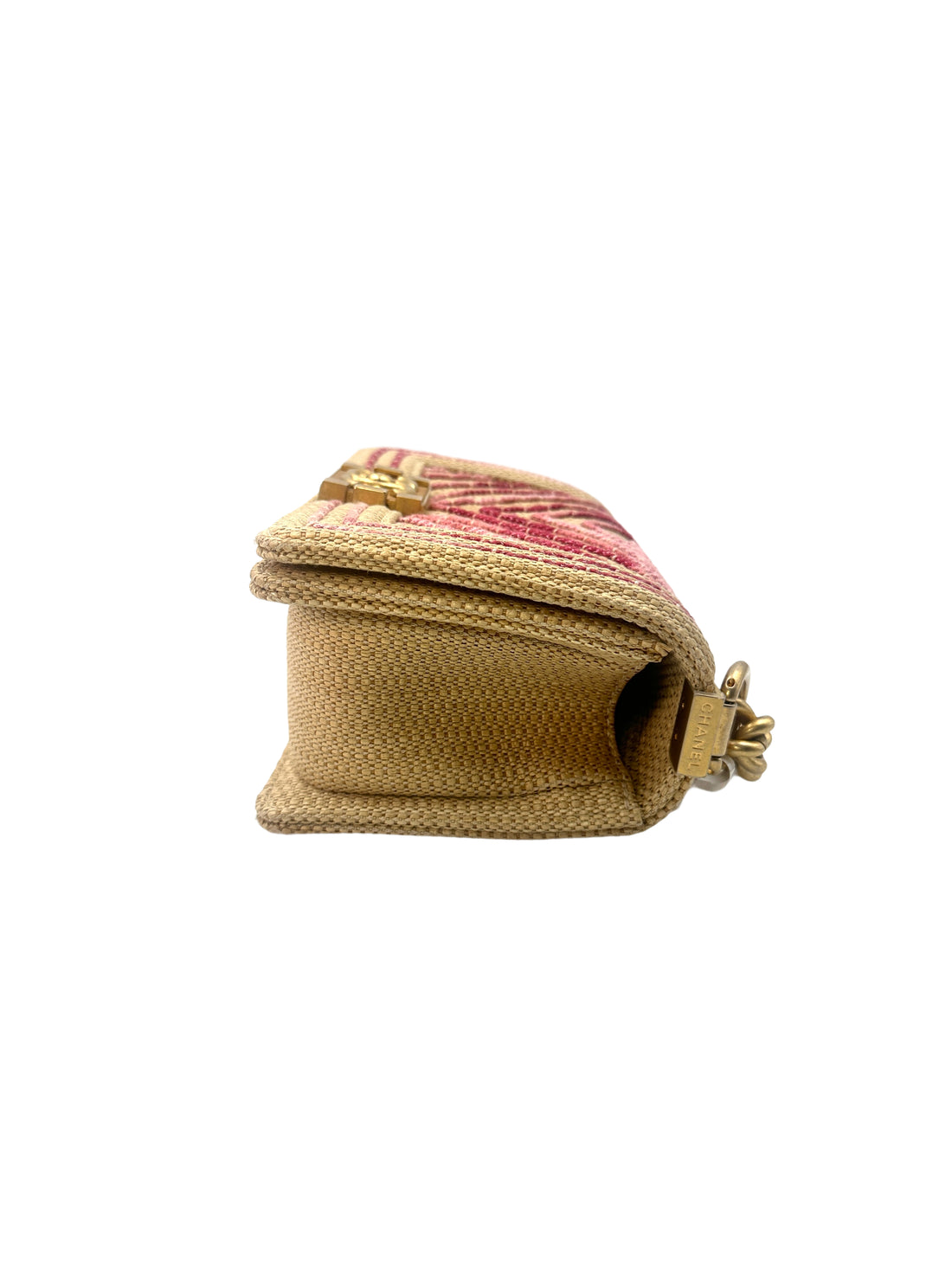 Chanel LeBoy Beige Raffia/Pink Chevron Small Size Flap Bag With Gold Buckle(27***89) C1331