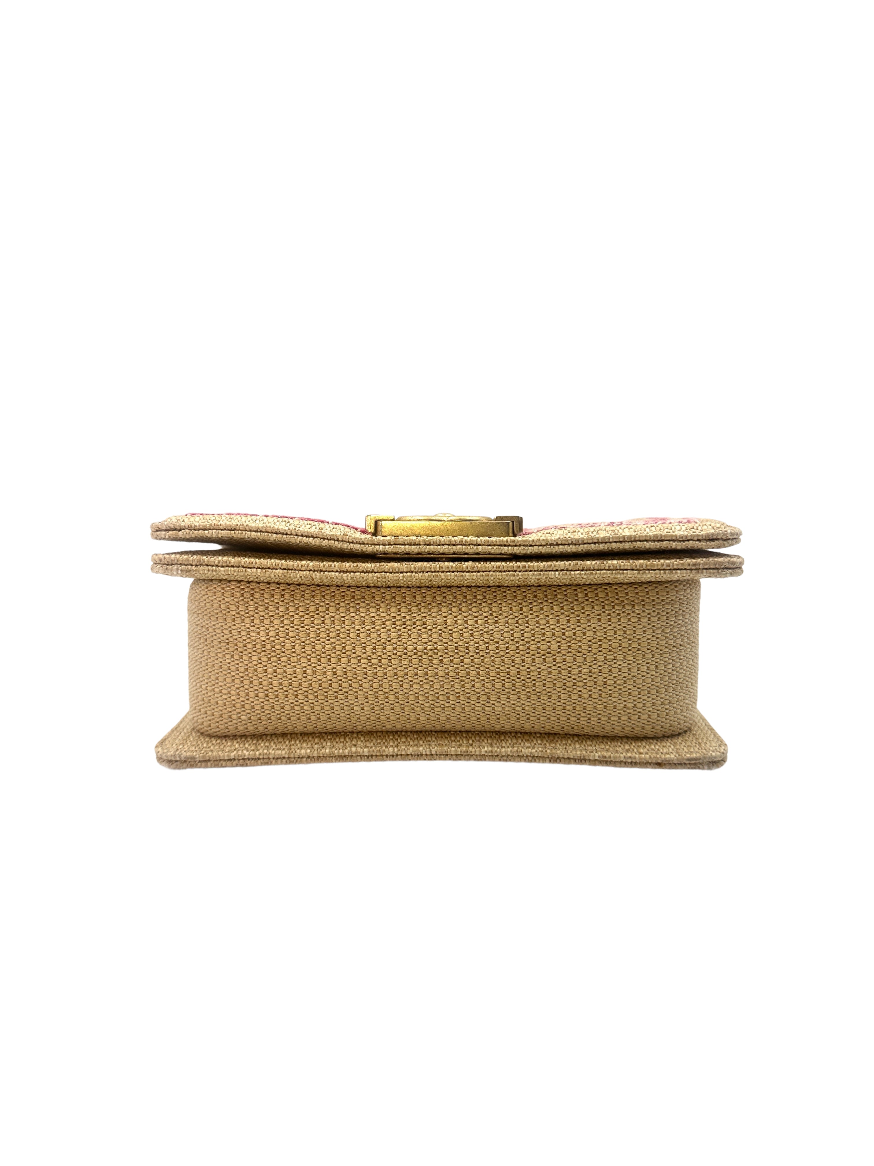 Chanel LeBoy Beige Raffia/Pink Chevron Small Size Flap Bag With Gold Buckle(27***89) C1331