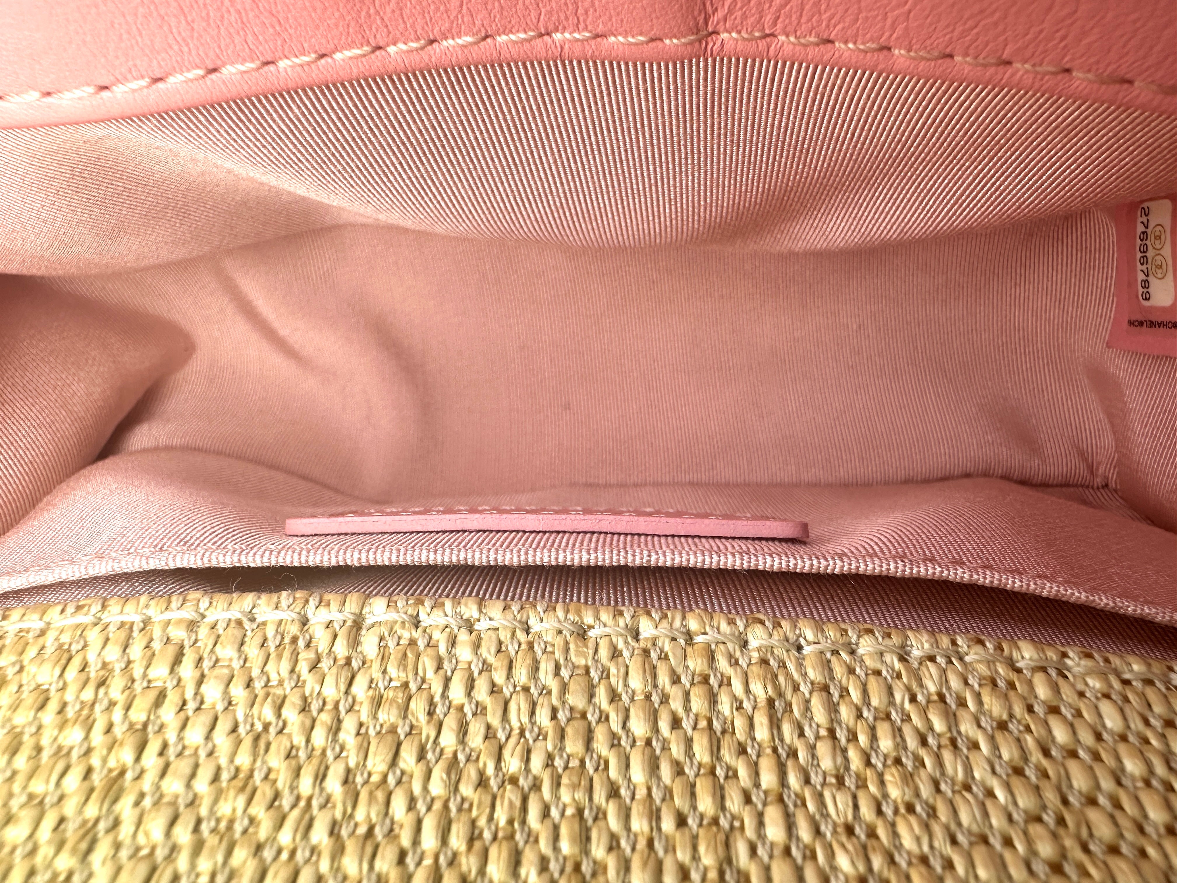 Chanel LeBoy Beige Raffia/Pink Chevron Small Size Flap Bag With Gold Buckle(27***89) C1331