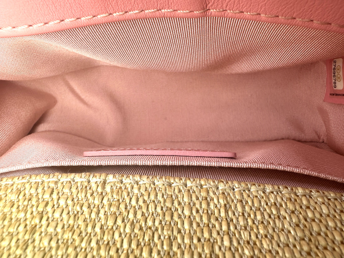 Chanel LeBoy Beige Raffia/Pink Chevron Small Size Flap Bag With Gold Buckle(27***89) C1331