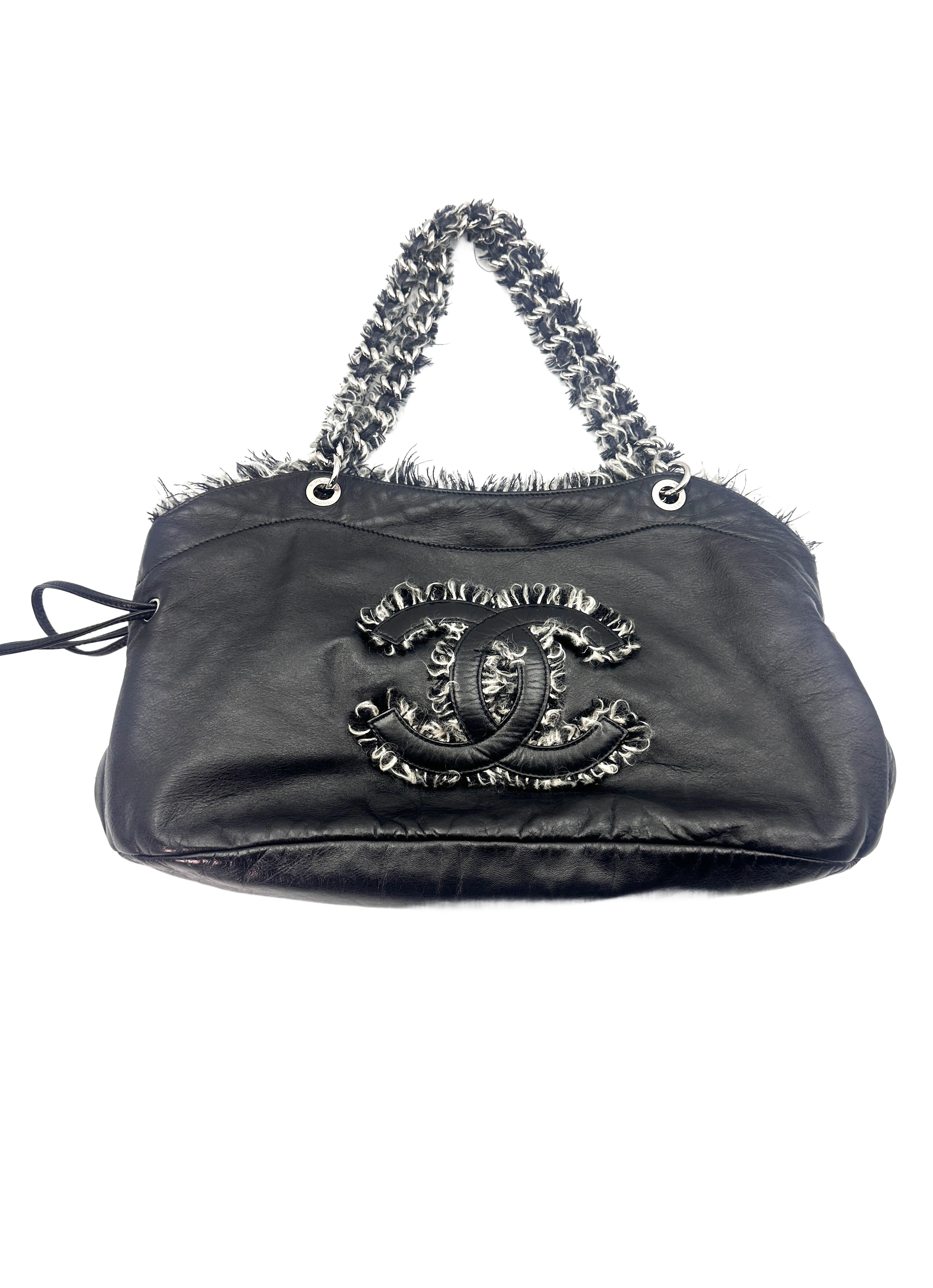 Chanel Funny Tweed Black Leather Tote Shoulder Bag(14***98) CC1333