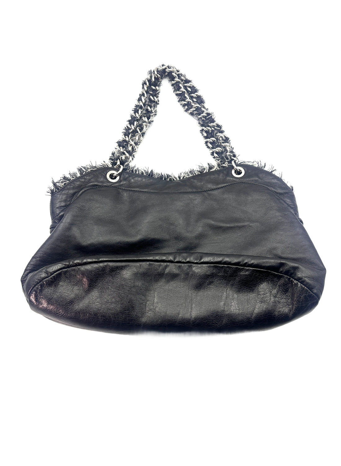 Chanel Funny Tweed Black Leather Tote Shoulder Bag(14***98) CC1333