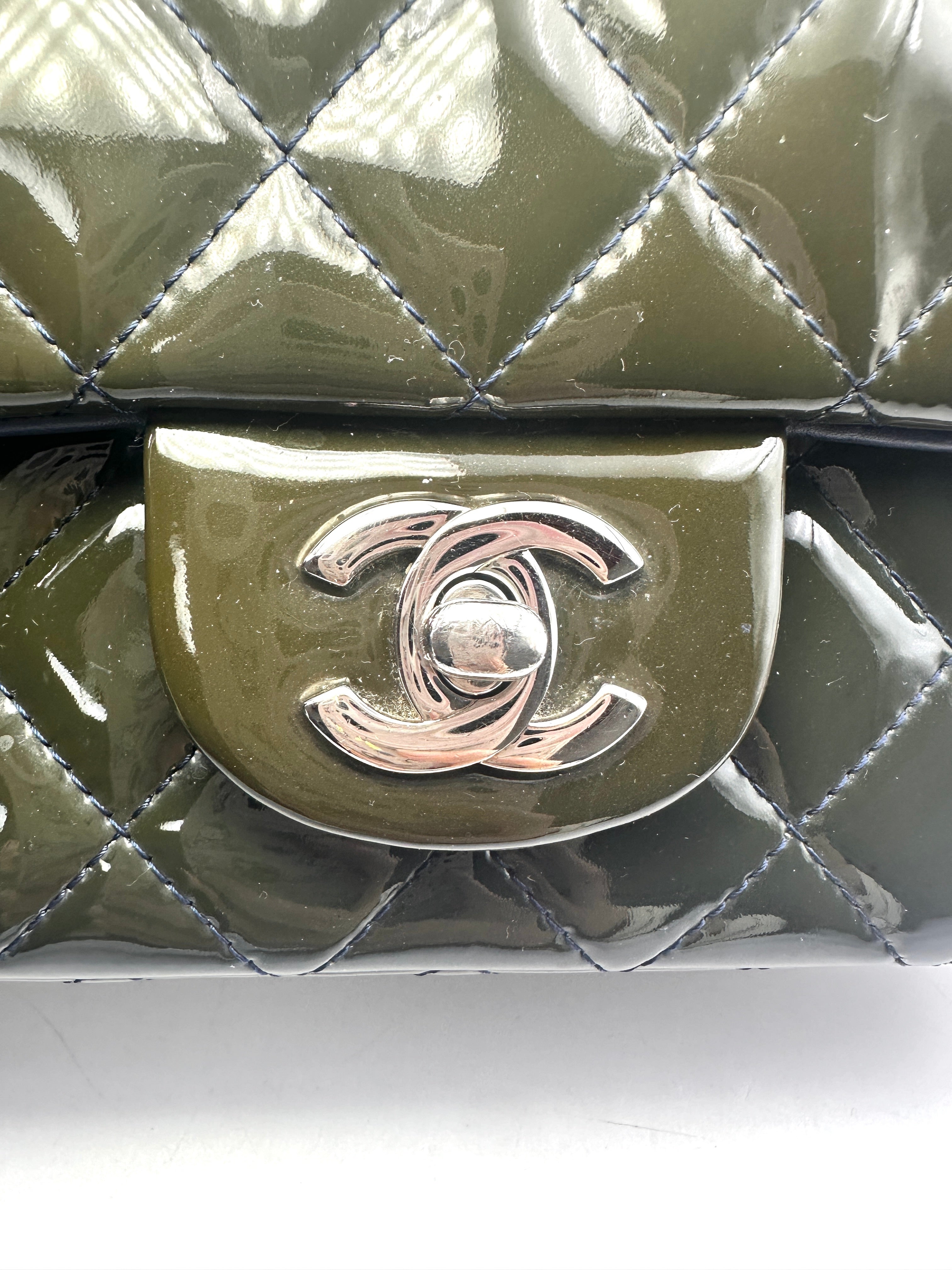 Chanel Classic Flap Green Quilted Patent Leather Chain Flap Bag With Siilver Buckle(20***39) CC1347