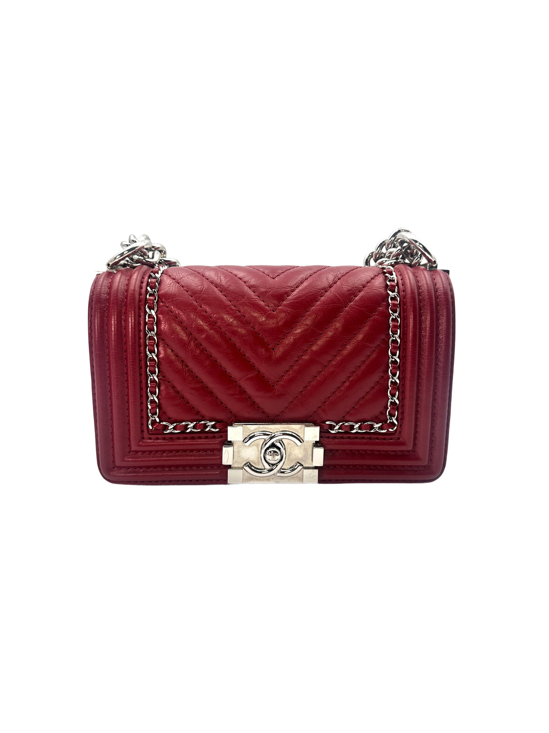 Chanel LeBoy Red Chevron Leather Small Size Flap Bag With Silver Buckle(24***82) CC1351