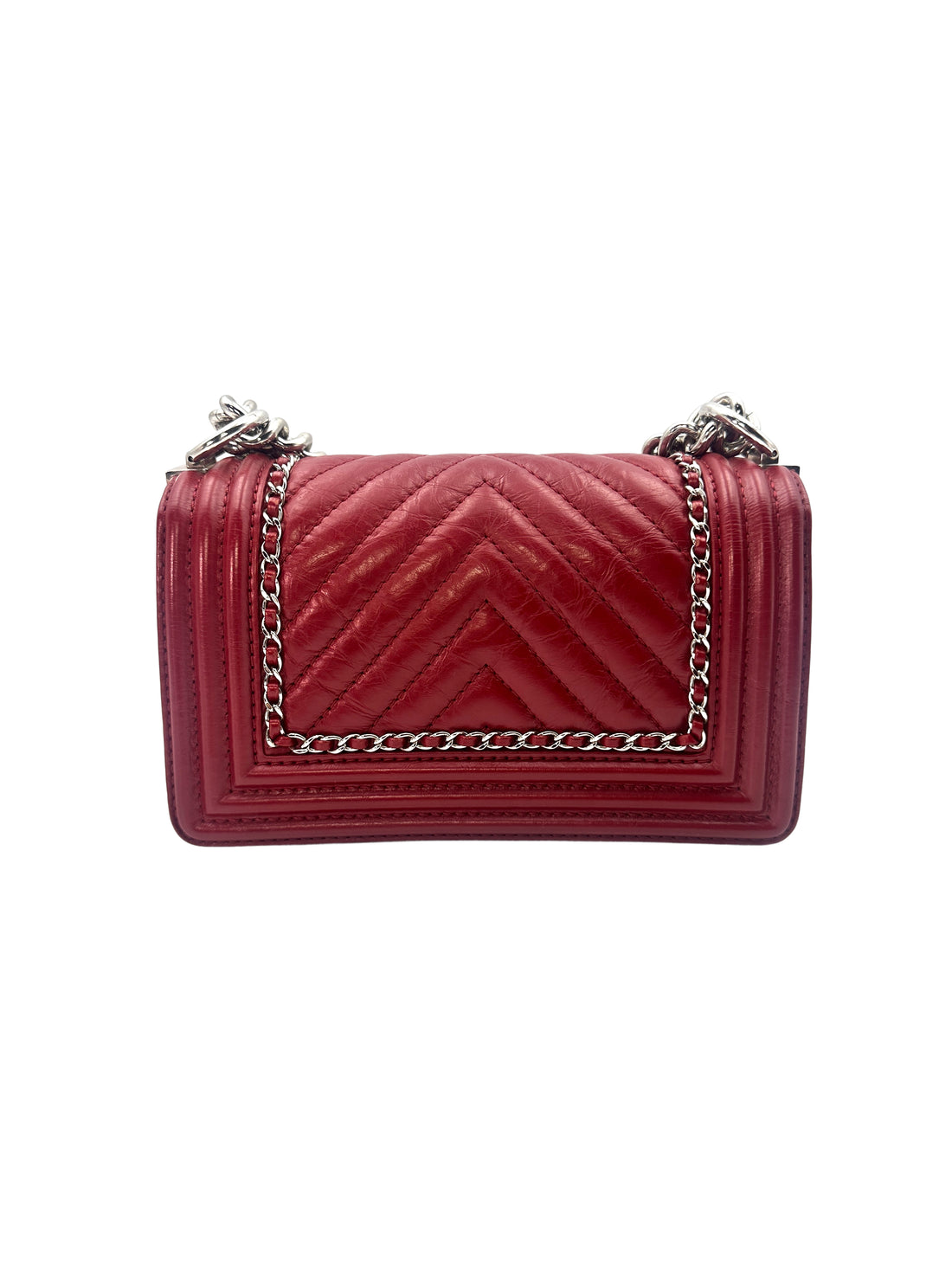 Chanel LeBoy Red Chevron Leather Small Size Flap Bag With Silver Buckle(24***82) CC1351