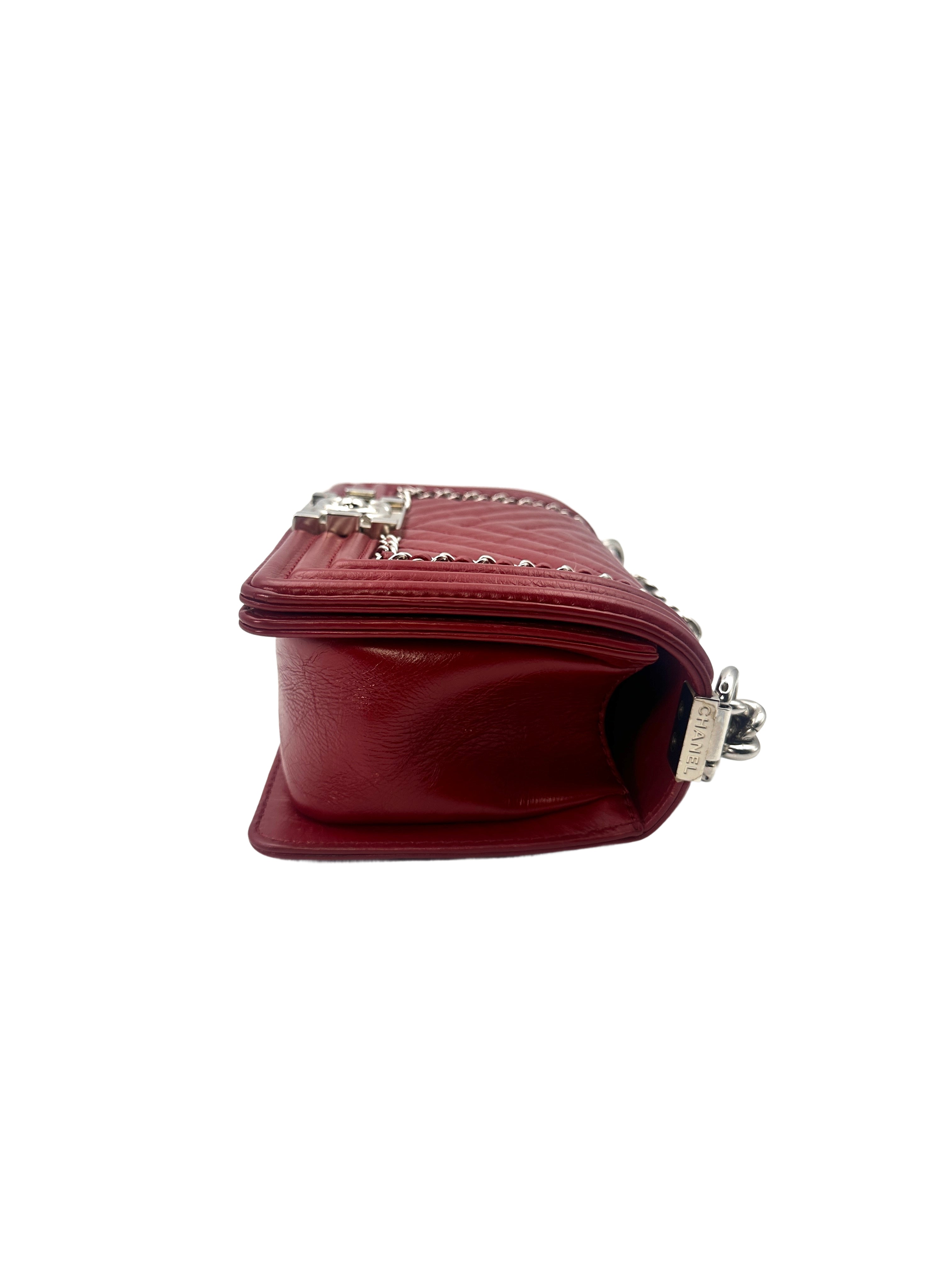Chanel LeBoy Red Chevron Leather Small Size Flap Bag With Silver Buckle(24***82) CC1351