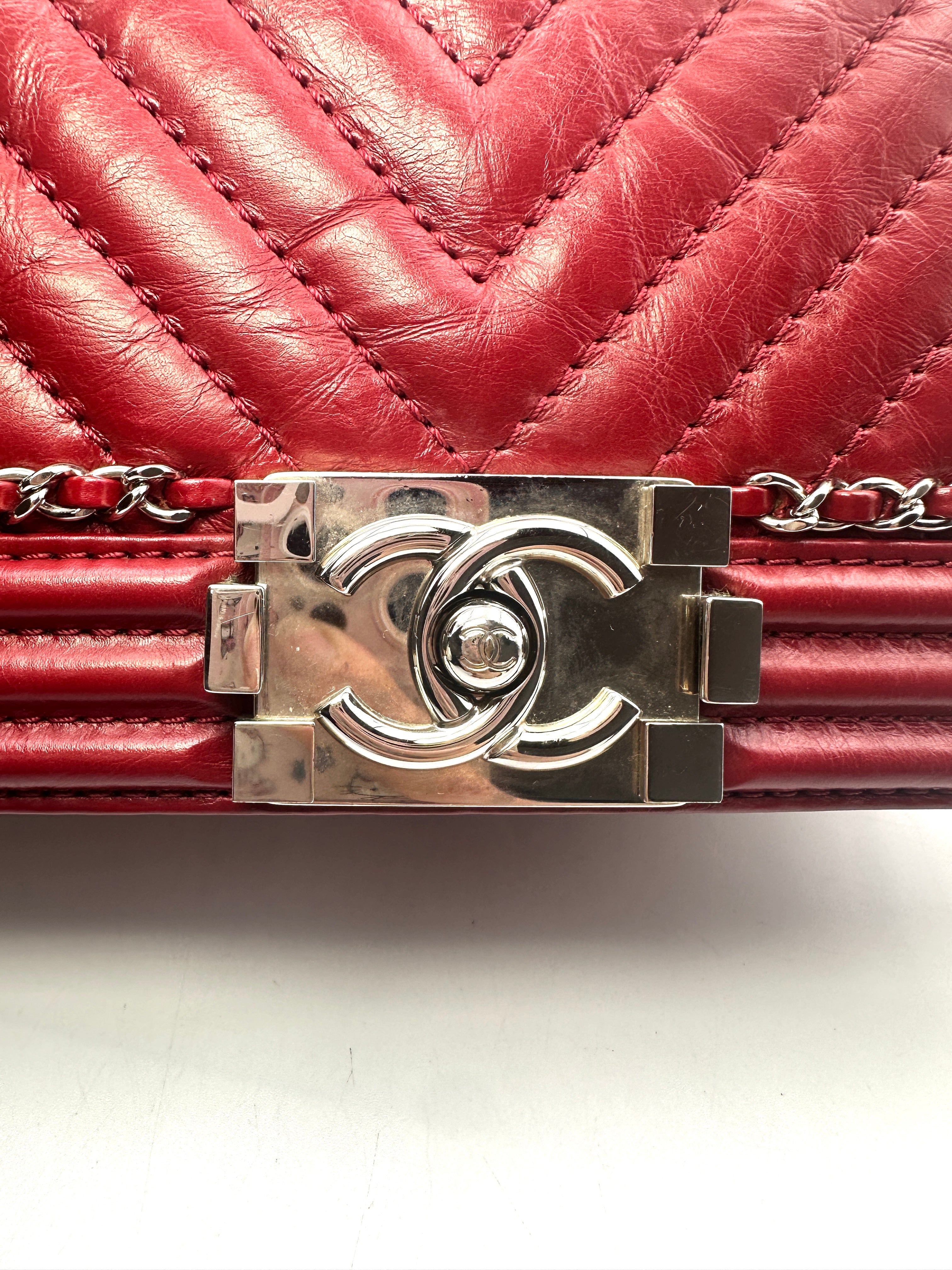 Chanel LeBoy Red Chevron Leather Small Size Flap Bag With Silver Buckle(24***82) CC1351