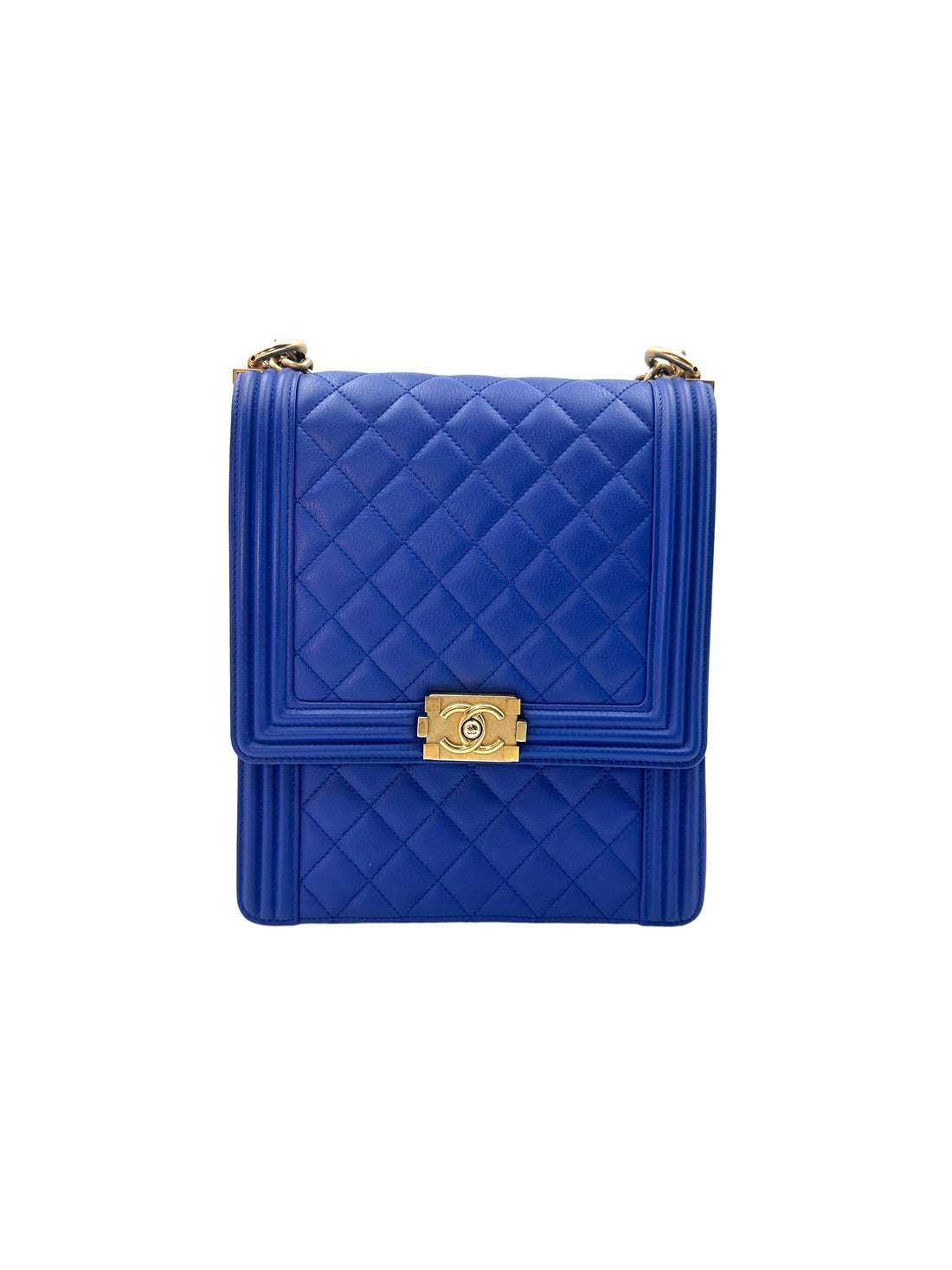 Chanel North South LeBoy Blue Quilted Leather Large Size Shoulder Bag With Gold Buckle(26***96) C1349