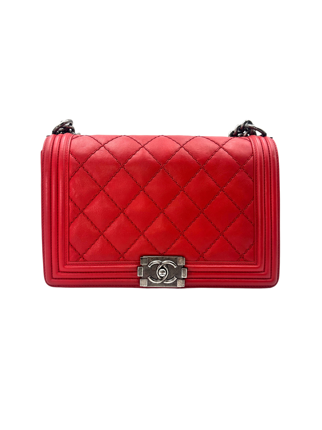 Chanel LeBoy Red Quilted Lambskin Flap Bag With Silver Buckle(18***87) CC1352