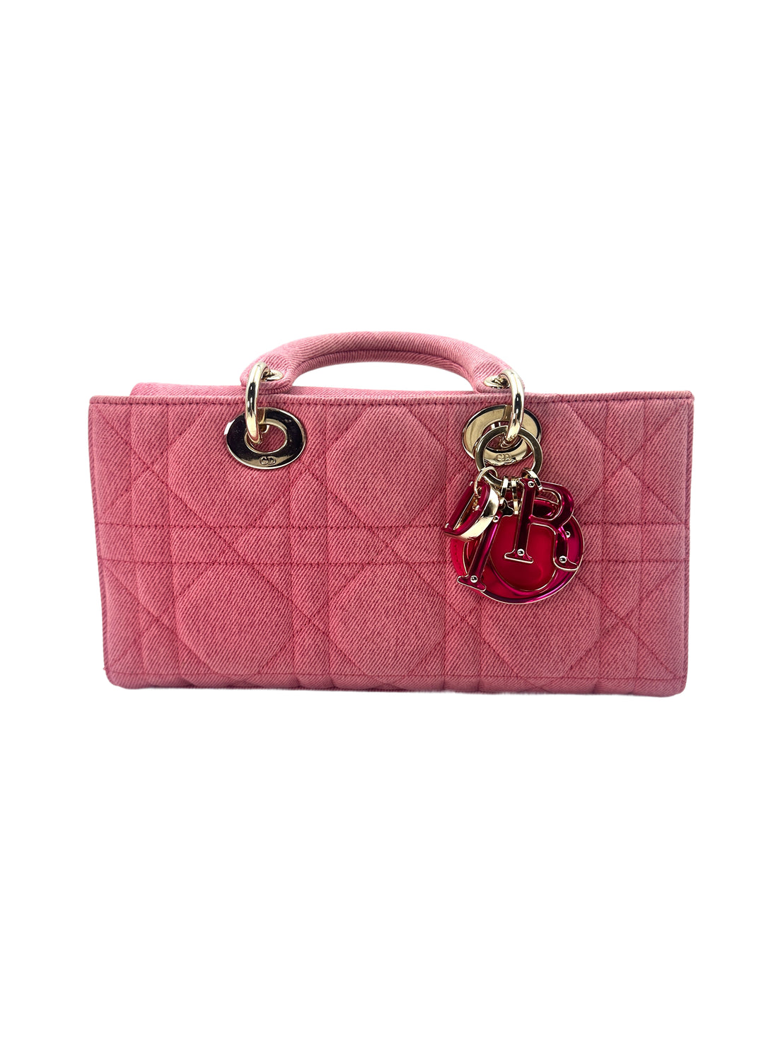 Christian Dior East-West Lady Dior Pink Cannage Denim Handle Bag With Pink/Gold Charms DR468